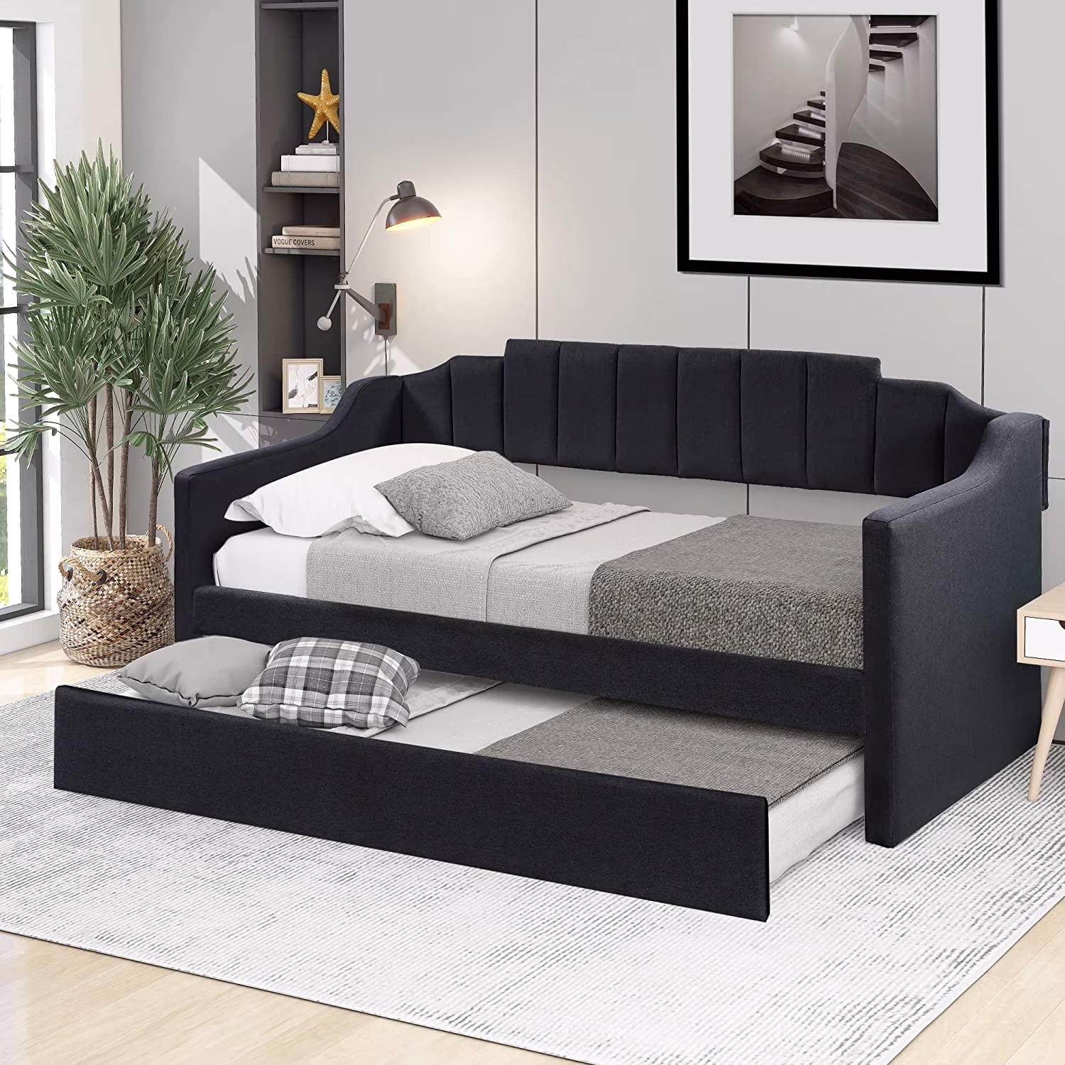 YGDU TZ012, Upholstered Twin Daybed with Trundle, Modern Wood Sofa Bed for for Living Room and Bedroom,No Spring Box Needed, Black