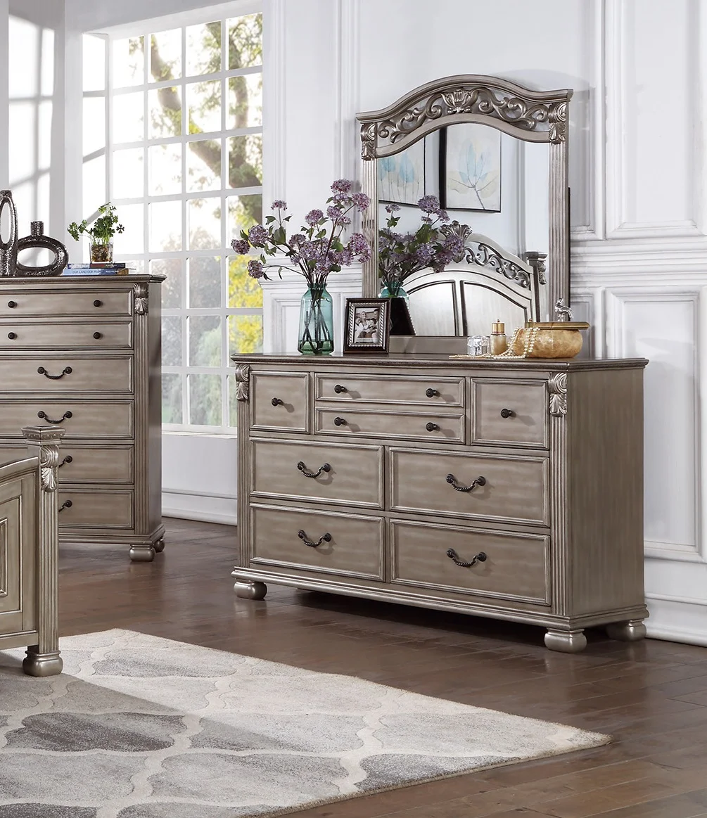 Classic Traditonal Queen Bed Dresser Mirror Nightstand Wooden Grey Finish 4pc Set Bedroom Furniture