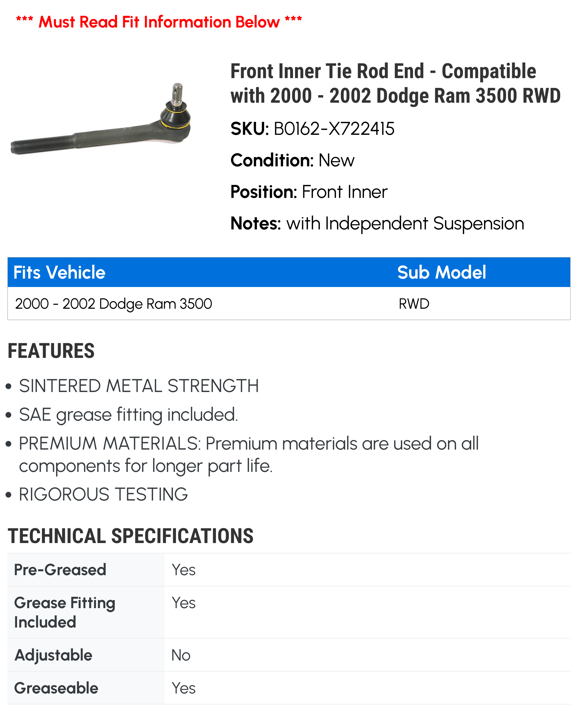 Front Inner Tie Rod End - Compatible with 2000 - 2002 Dodge Ram 3500 RWD 2001