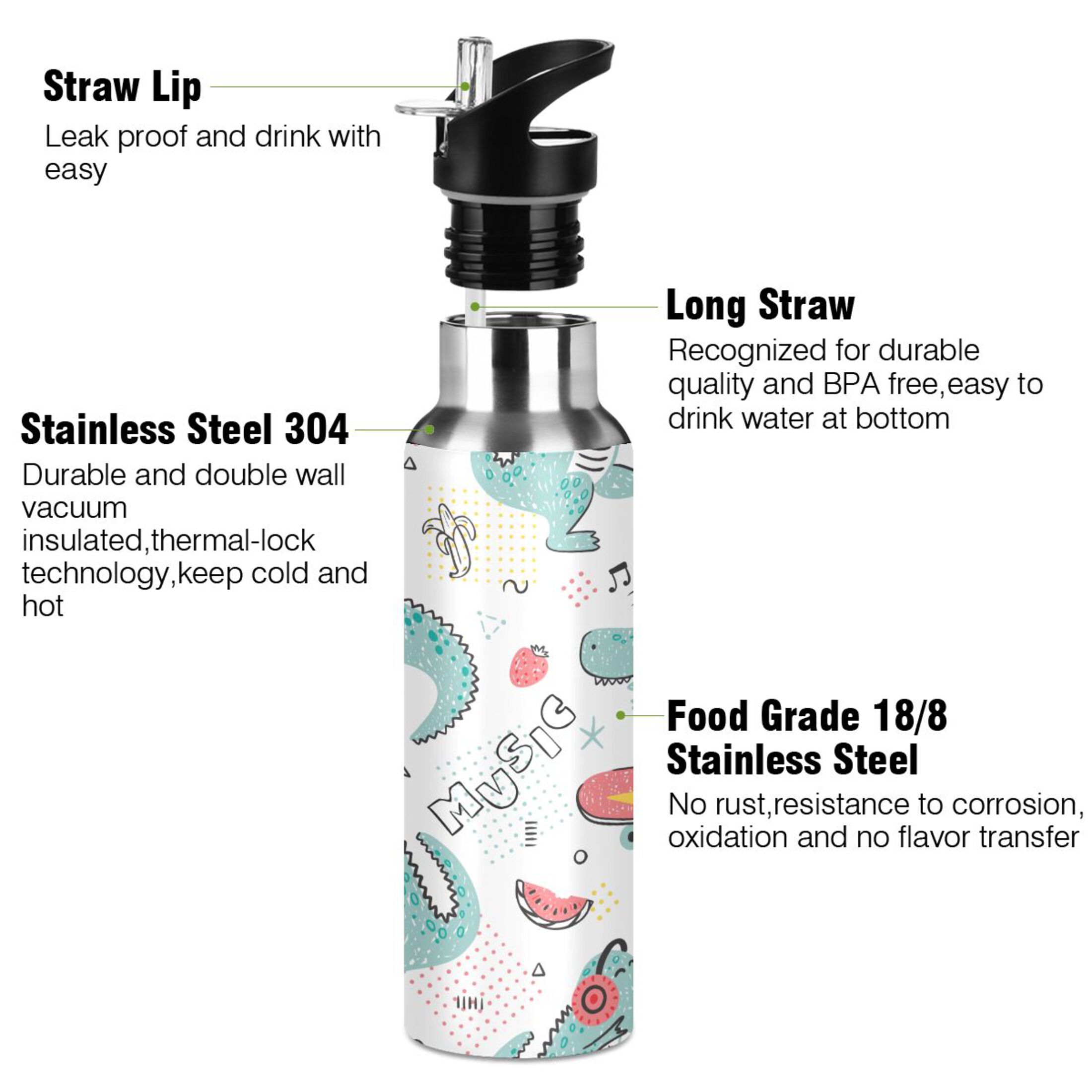 Water Bottle with Straw Lid Leak Music Lover Dinosaur Fashion Stainless Steel Insulated Thermos Vacuum Flask for Cold Hot Drinking for Sports Camping Gym Yoga