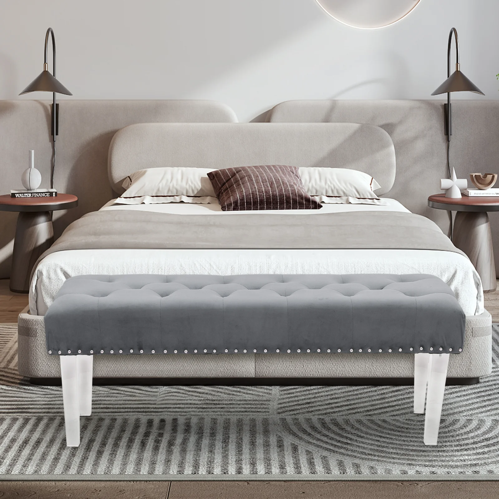 Magshion Tufted Velvet Ottoman, Entryway Wooden Stand Upholstered Seat Shoe Stool, Bedroom End of Bed Bench, Home Microfiber Fabric Footstool, Grey