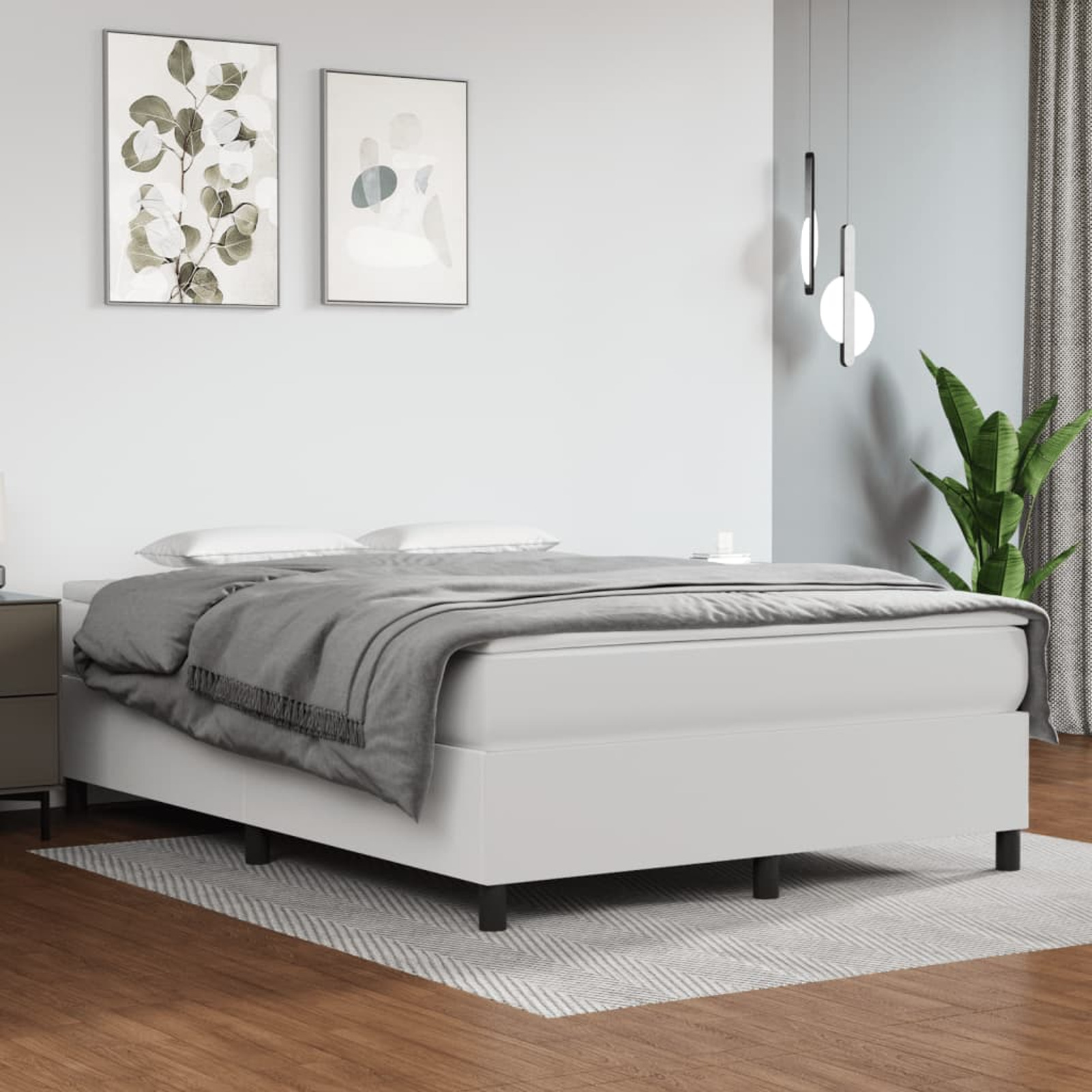 moobody Box Spring Queen Size Bed Frame with Mattress and Topper 81.1 x 59.8 x 13.8 Inch White Faux Leather Platform Bed Frame and 79.9 x 59.8 x 7.9 Inches Mattress Set for Bedroom