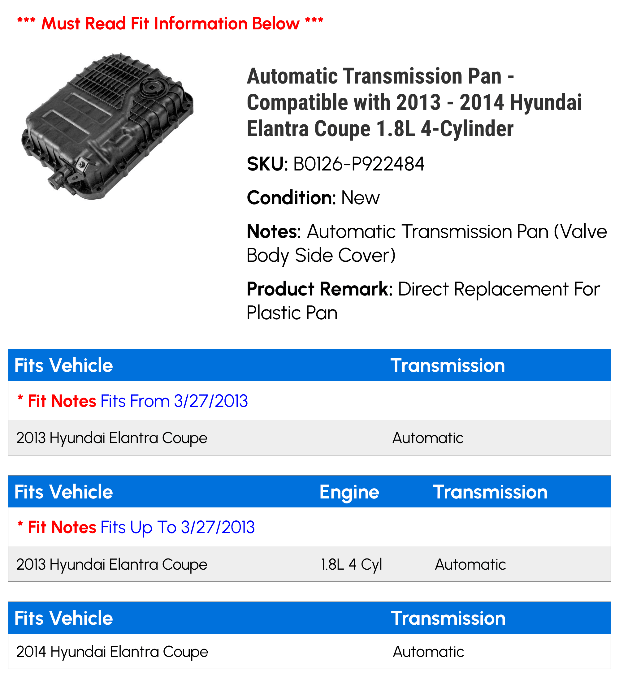 Automatic Transmission Pan - Compatible with 2013 - 2014 Hyundai Elantra Coupe 1.8L 4-Cylinder