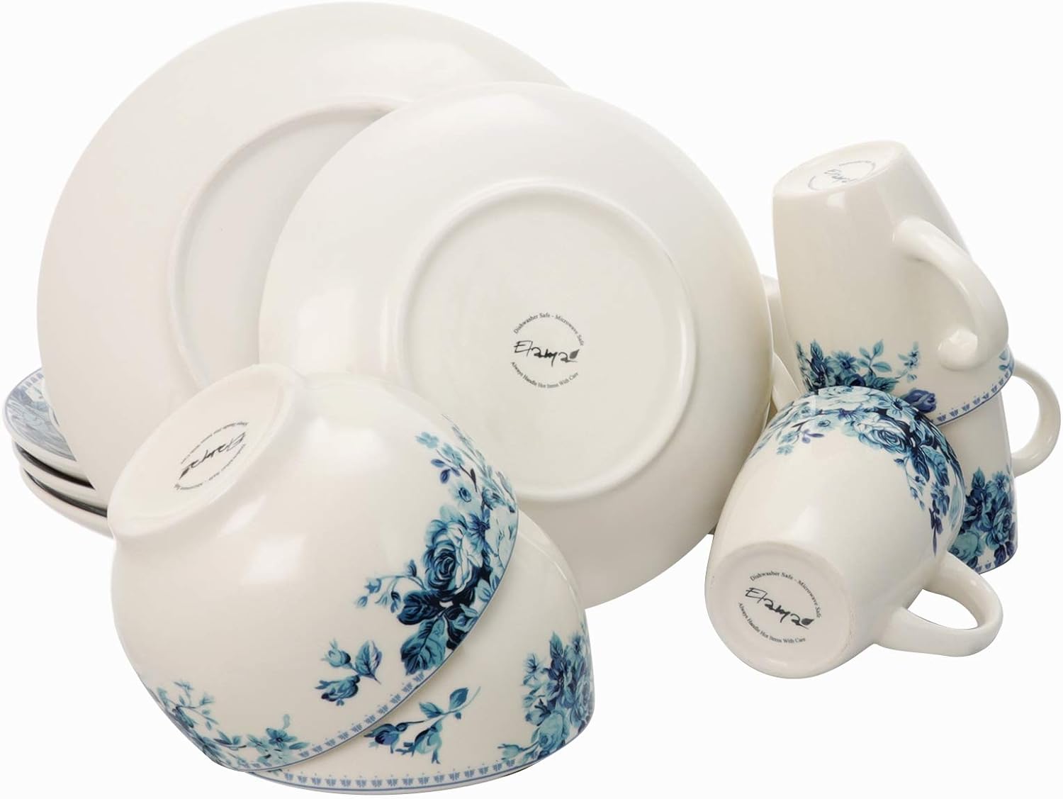 16 Piece Traditional Rose Dinnerware Set, Blue