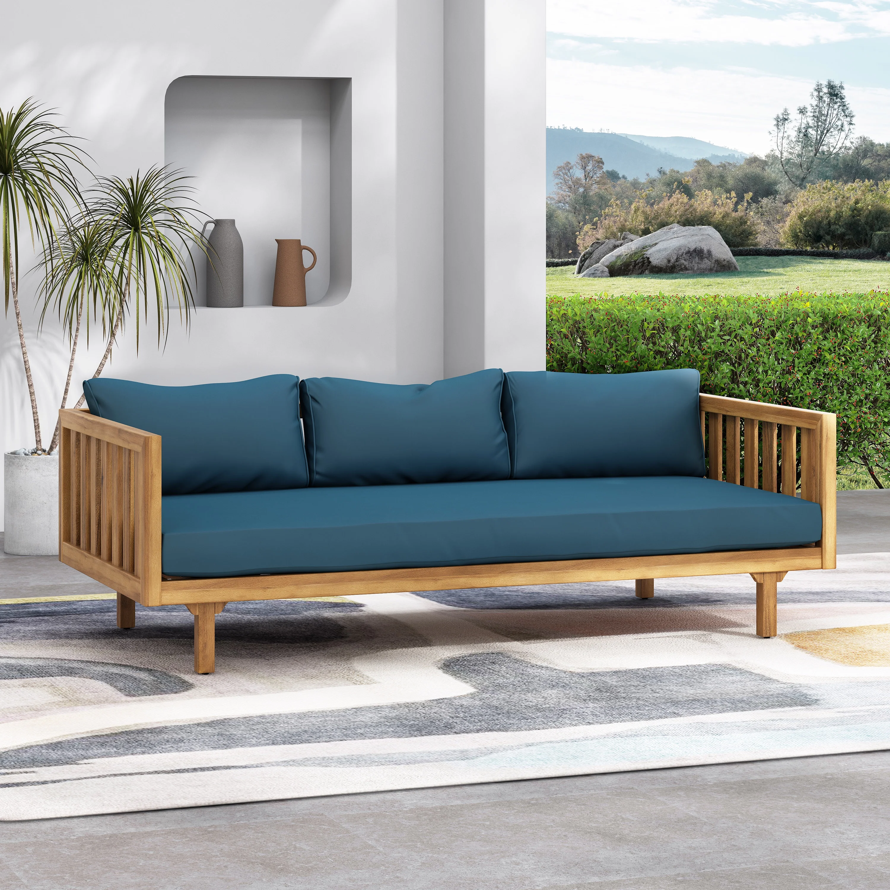 GDF Studio Bordeaux Outdoor Acacia Wood 3 Seater Daybed with Cushions, Teak and Dark Teal