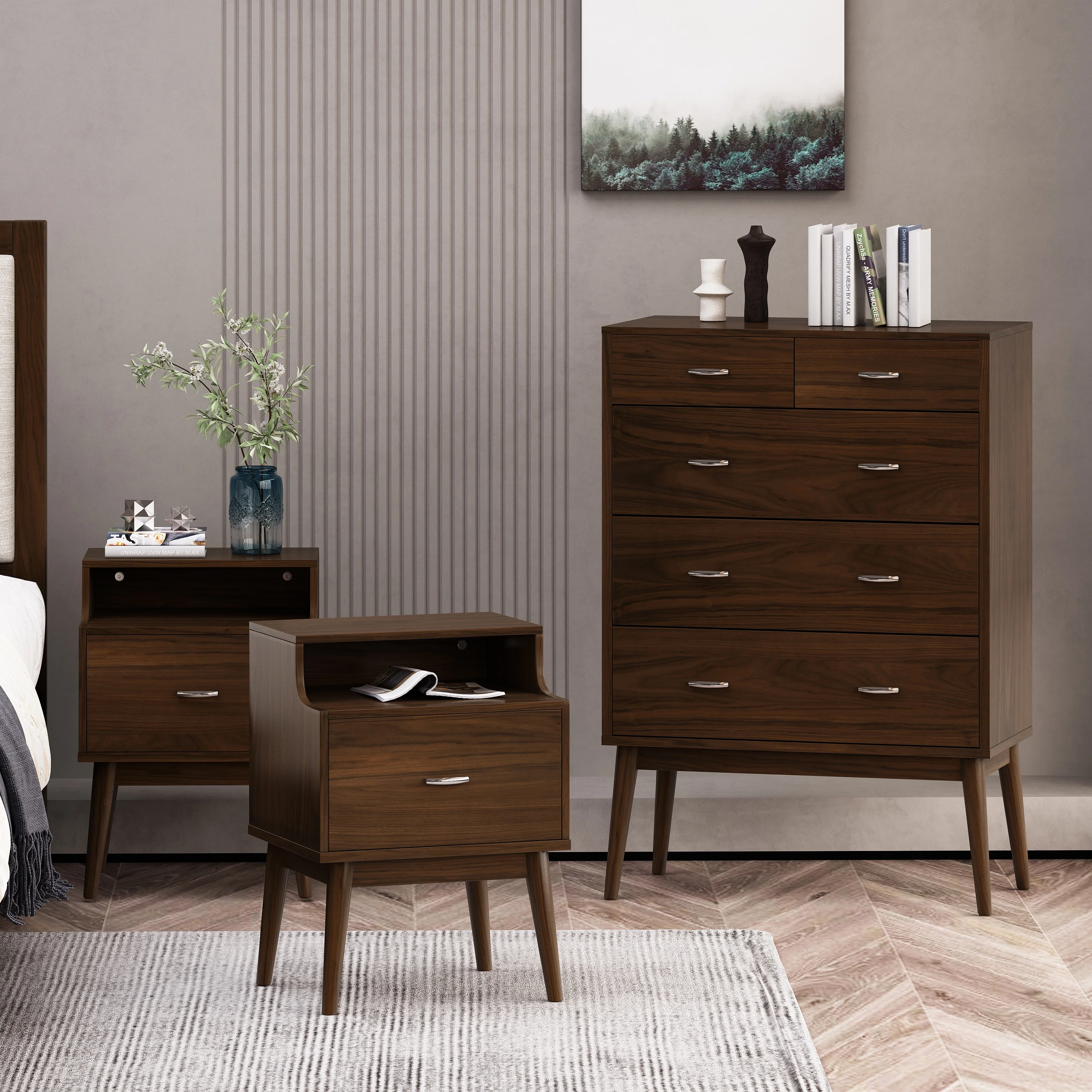 GDF Studio Wilbur Mid Century Wooden 3 Piece 5 Drawer Dresser and Nightstand Bedroom Set, Columbia Walnut