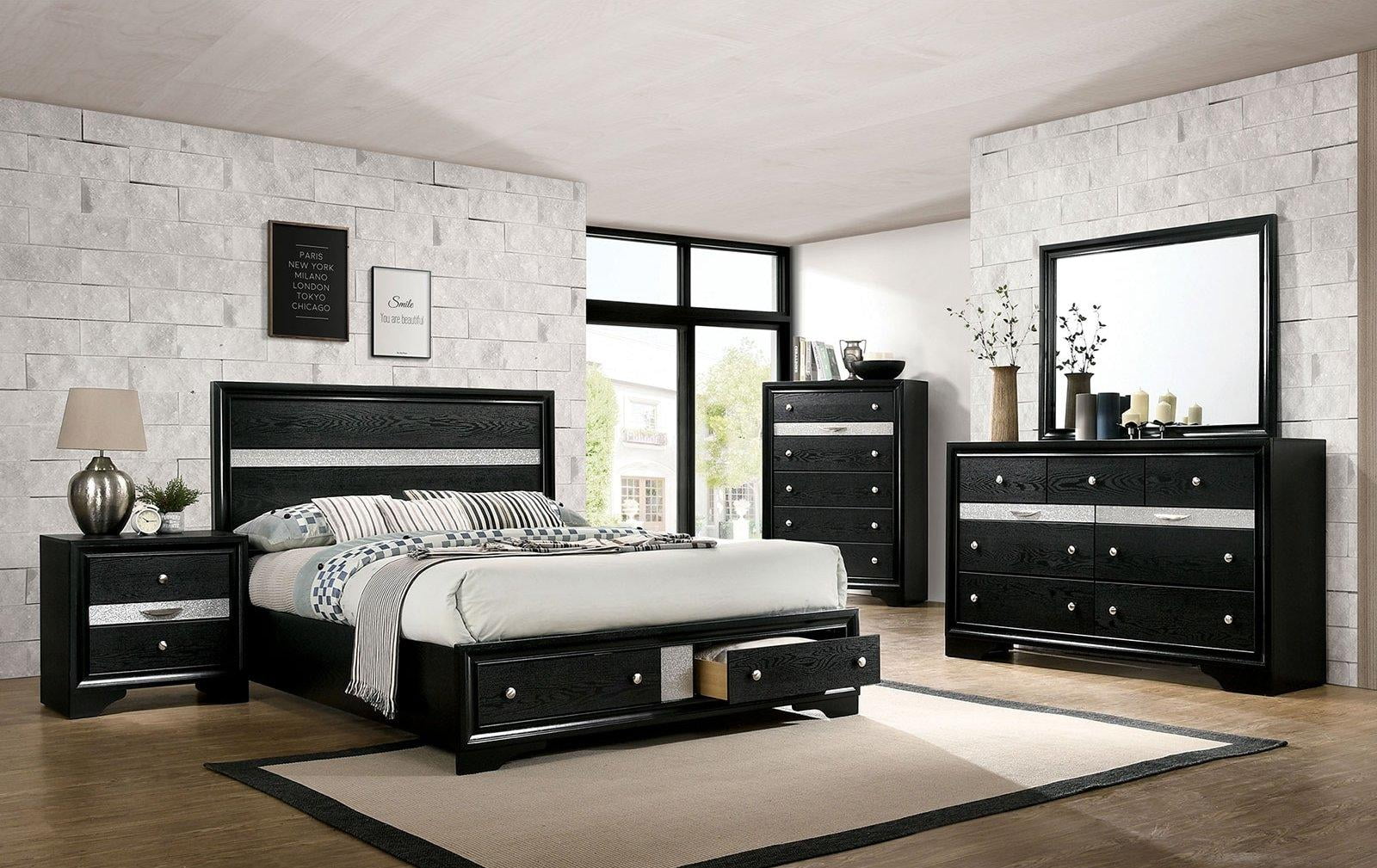 Contemporary Black Solid Wood Queen Bedroom Set 5pcs FOA CM7552BK Chrissy