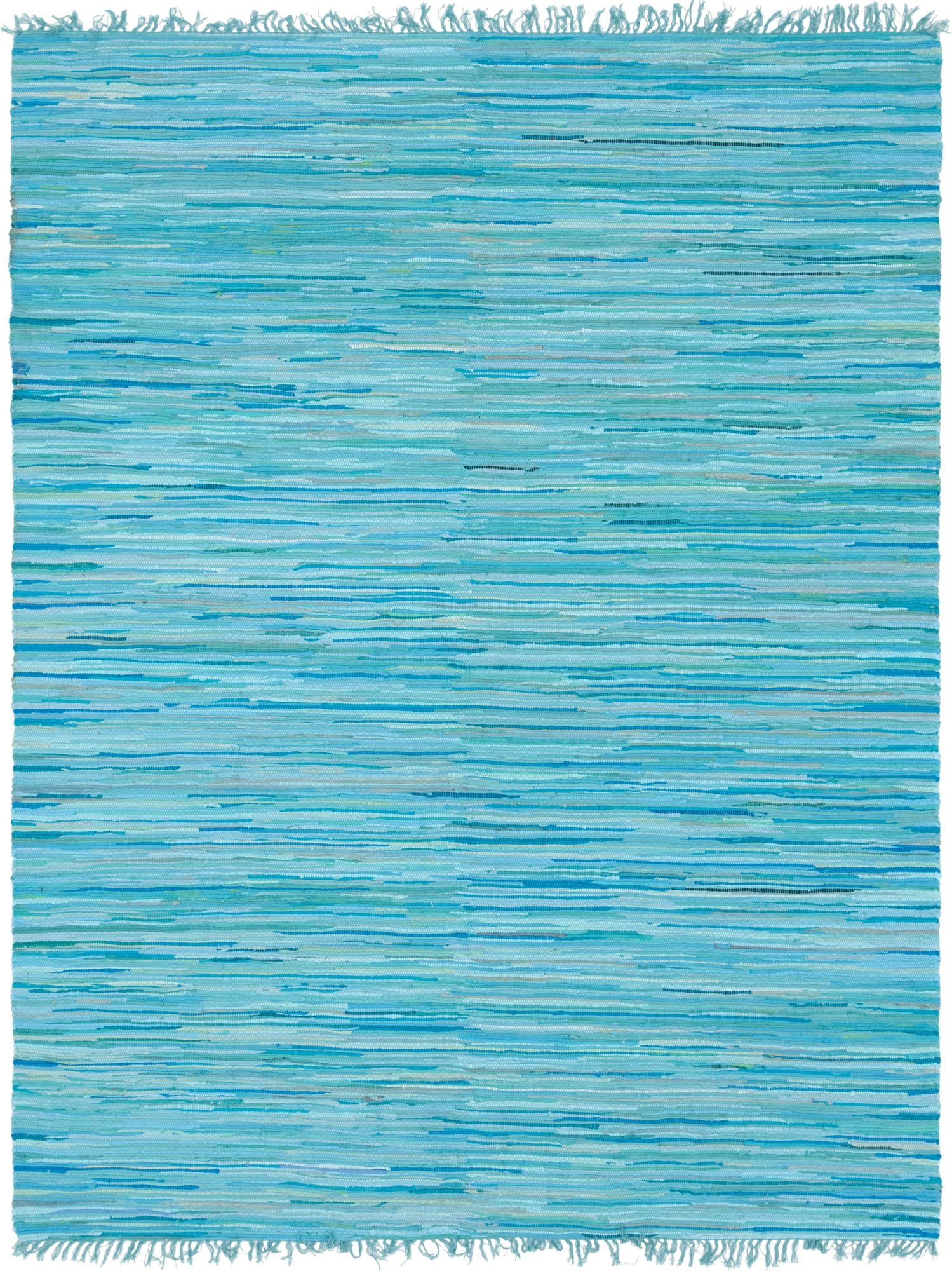 Unique Loom Striped Chindi Cotton Rug Light Blue/Ivory 9' x 12' Rectangle Hand Made Geometric Modern Perfect For Living Room Bed Room Dining Room Office