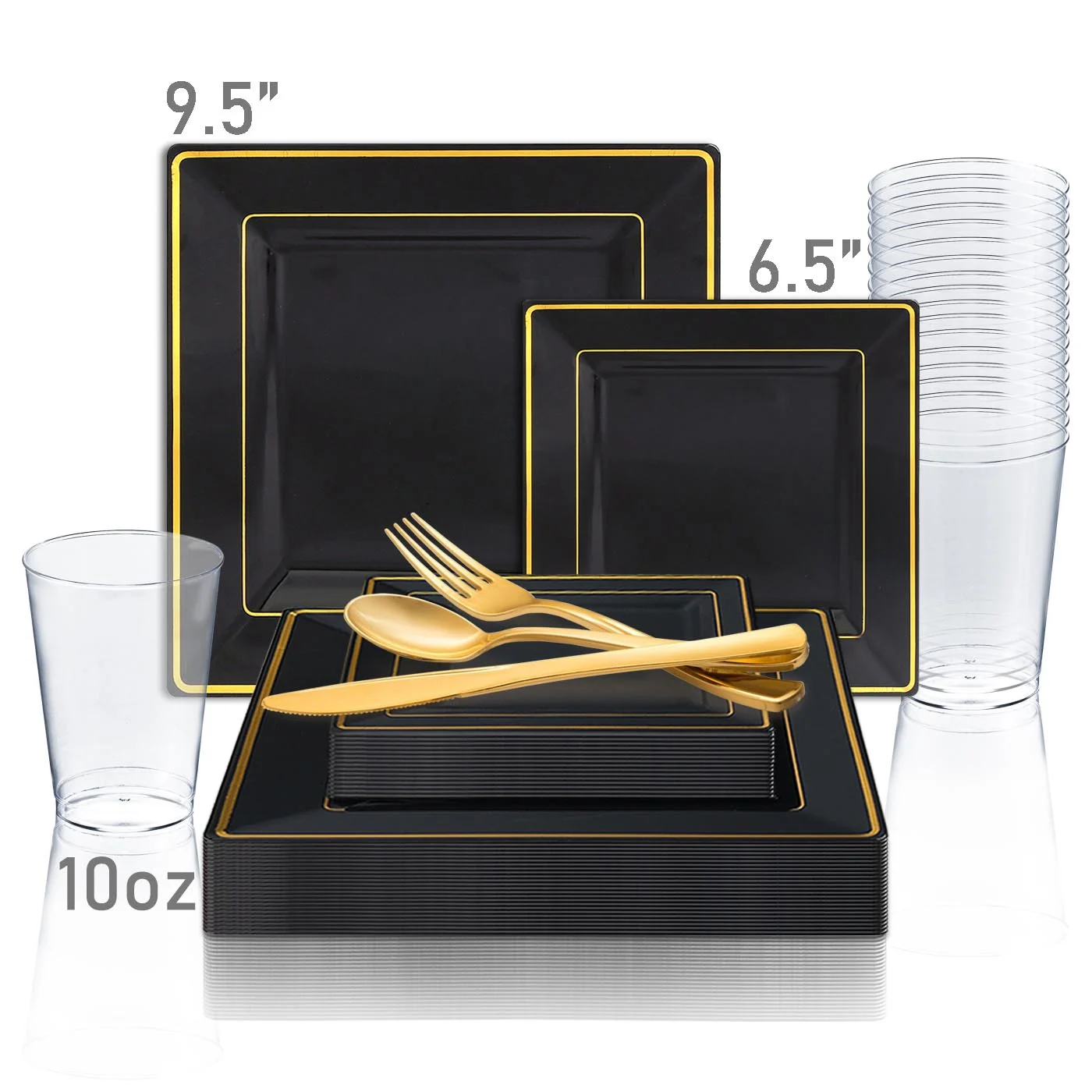 Smarty Black w/ Gold Square Edge Plastic Wedding Value Set (120 Guests)