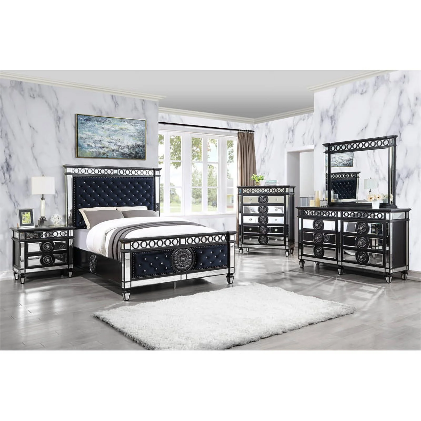 Bowery Hill Traditional Queen Bed in Dark Navy Velvet and Black and Silver