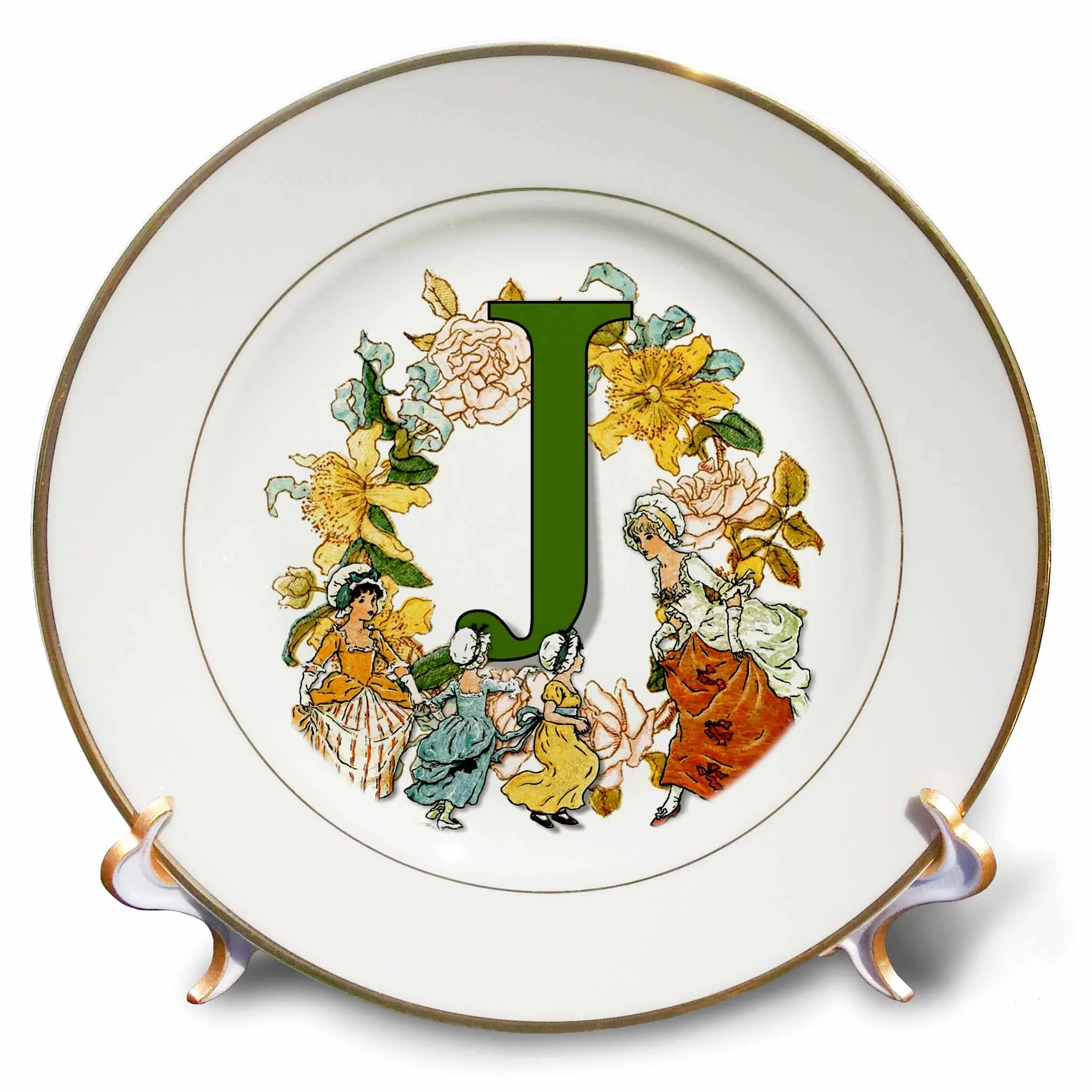 Beautiful Vintage Victorian Kate Greenaway Monogram Letter J 8 inch Porcelain Plate cp-356309-1