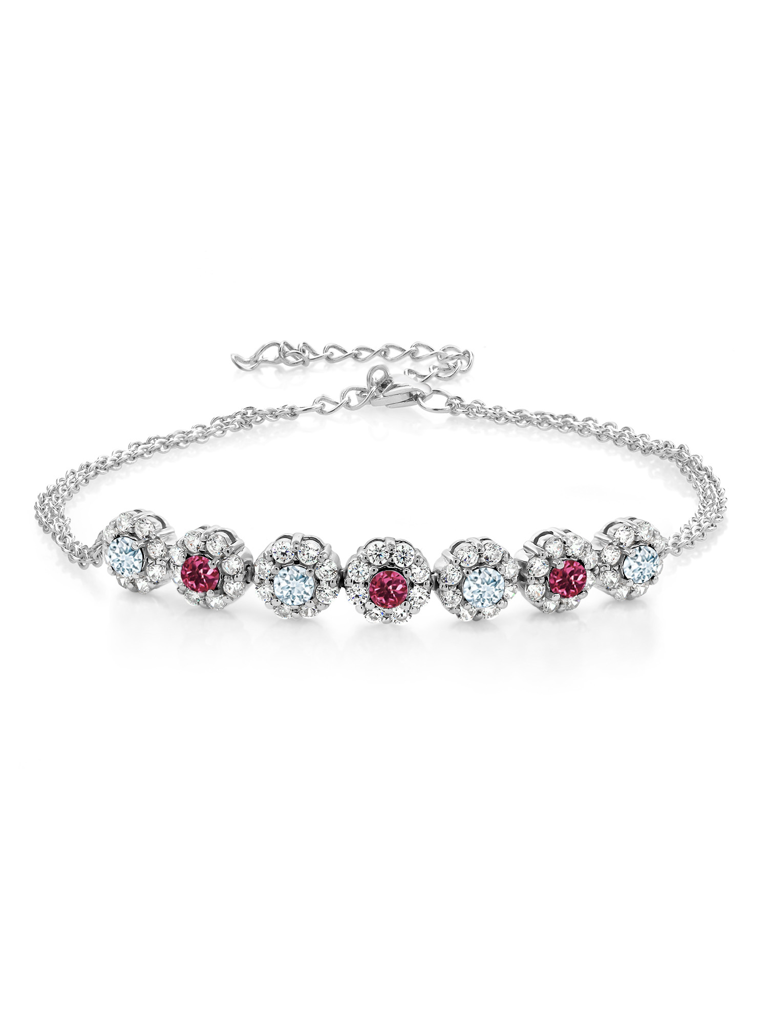 Gem Stone King 925 Sterling Silver Sky Blue Aquamarine and Pink Tourmaline Tennis Bracelet For Women (1.97 Cttw, Gemstone March Birthstone, 7 inch with 2 inch Extender)