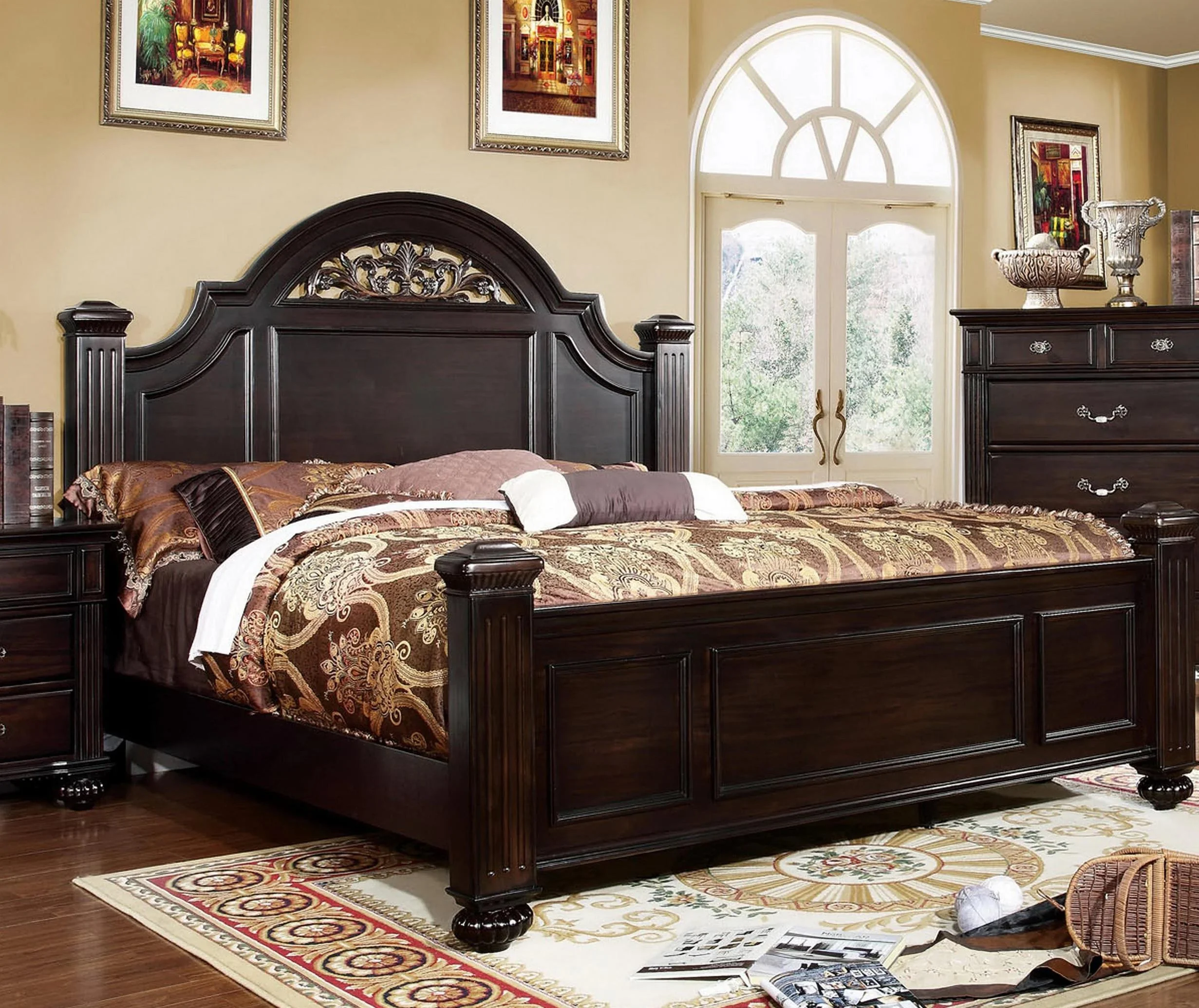 Traditional Dark Walnut Solid Wood Queen Bedroom Set 5pcs FOA CM7129-Q Syracuse