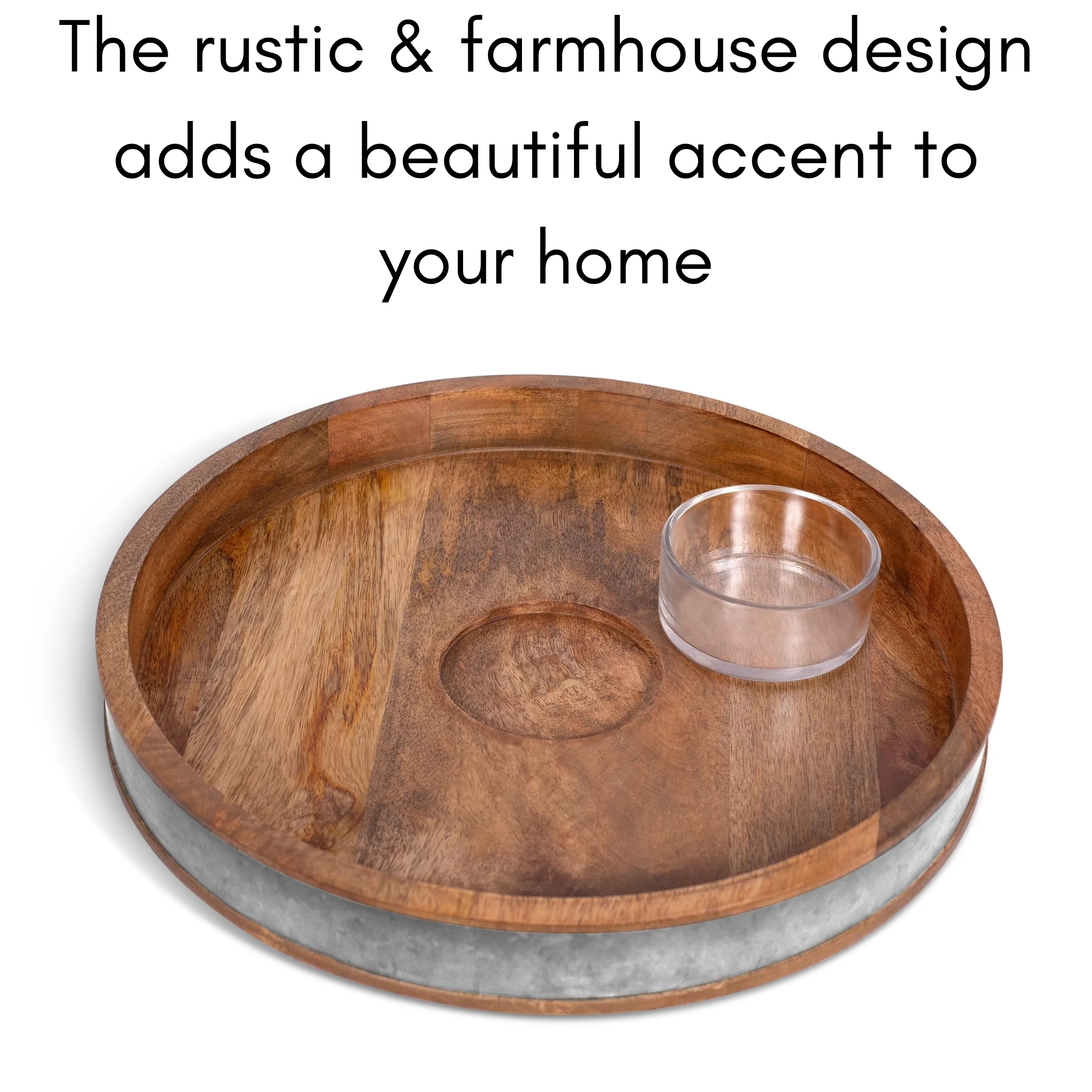 BirdRock Home Brown Wooden and Silver Iron Chip and Dip Serving Tray and Glass Bowl