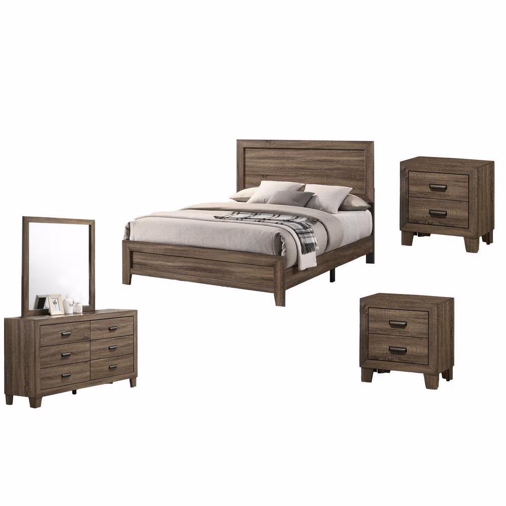Dark Walnut Wood 5pc Bedroom Set with Bed+ Dresser+ Mirror+ 2 Nightstands