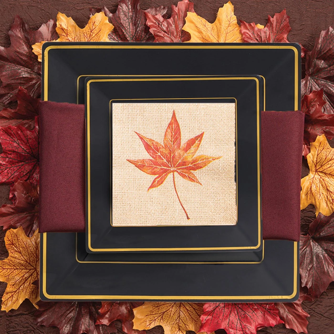 Smarty Black w/ Gold Square Edge Plastic Wedding Value Set (120 Guests)