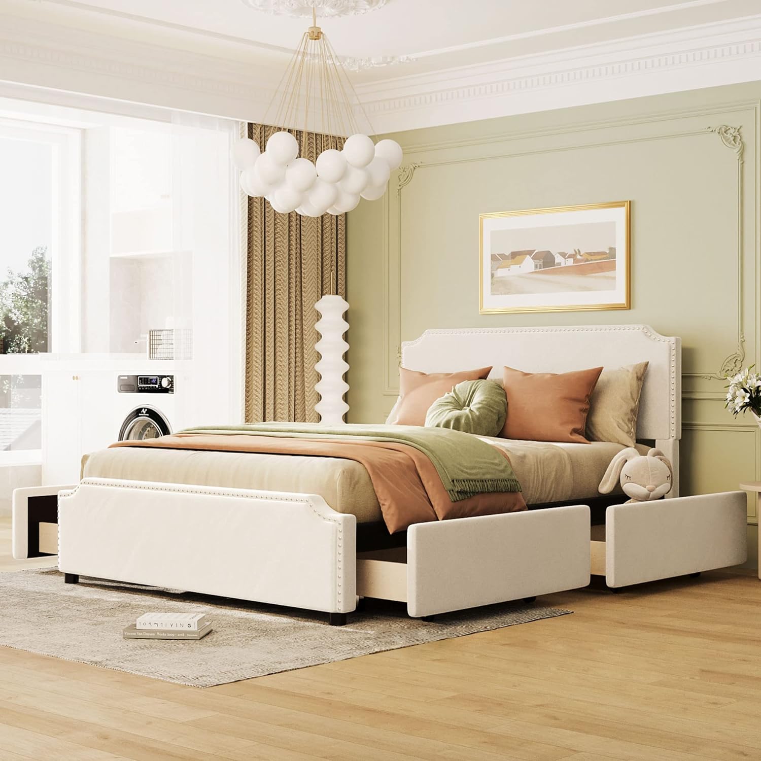 Quee Size Plaform Bed Upholsered Plaform Beds Wih 4 Sorage Drawer & Sud rim Headboard Ad Fooboard Plaform Bed Frame Wih Velve Fabric For Bedroom o Box Sprig eeded (Beige)