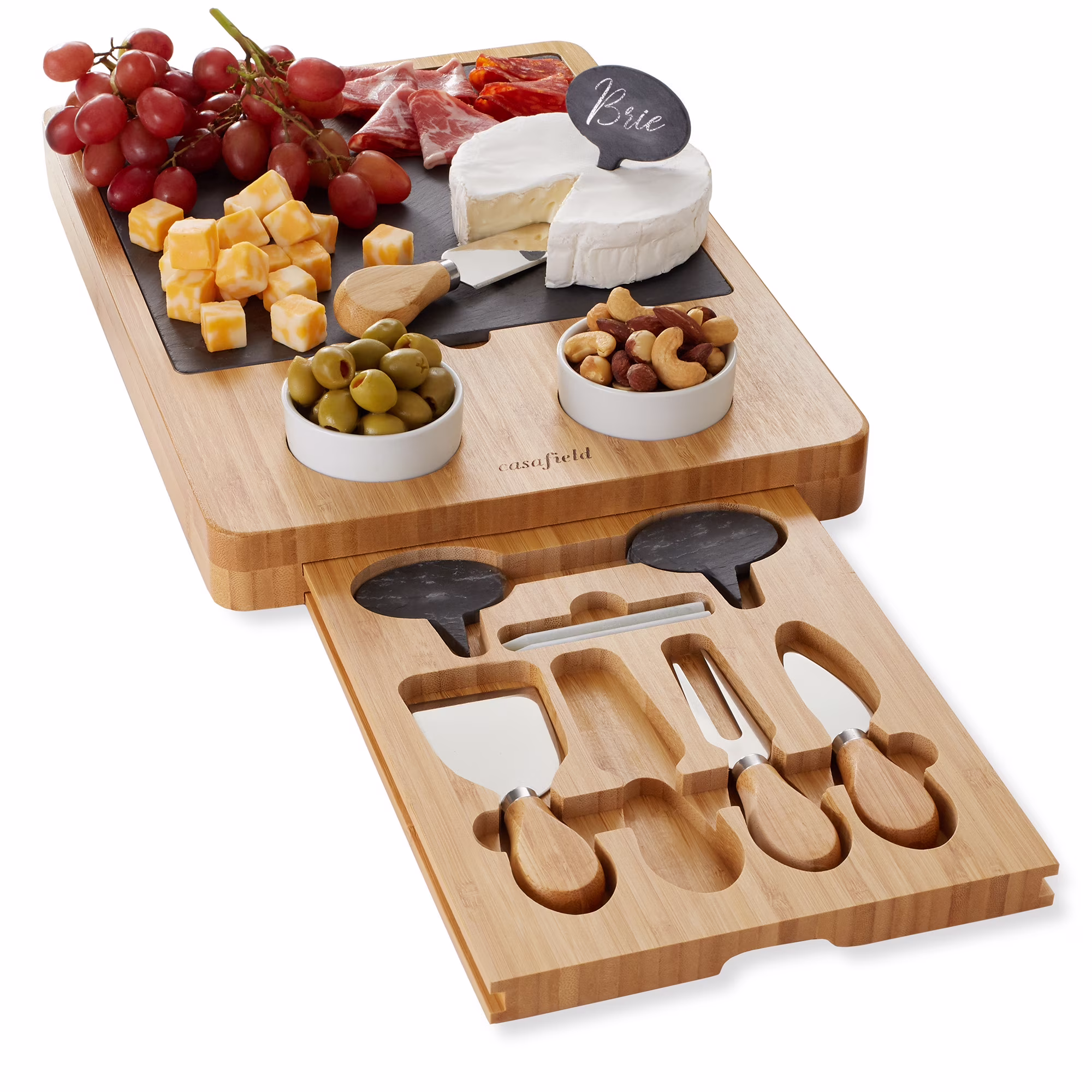 Casafield Bamboo Charcuterie Cheese Board with Slate Cheese Plate and Stainless Steel Knives