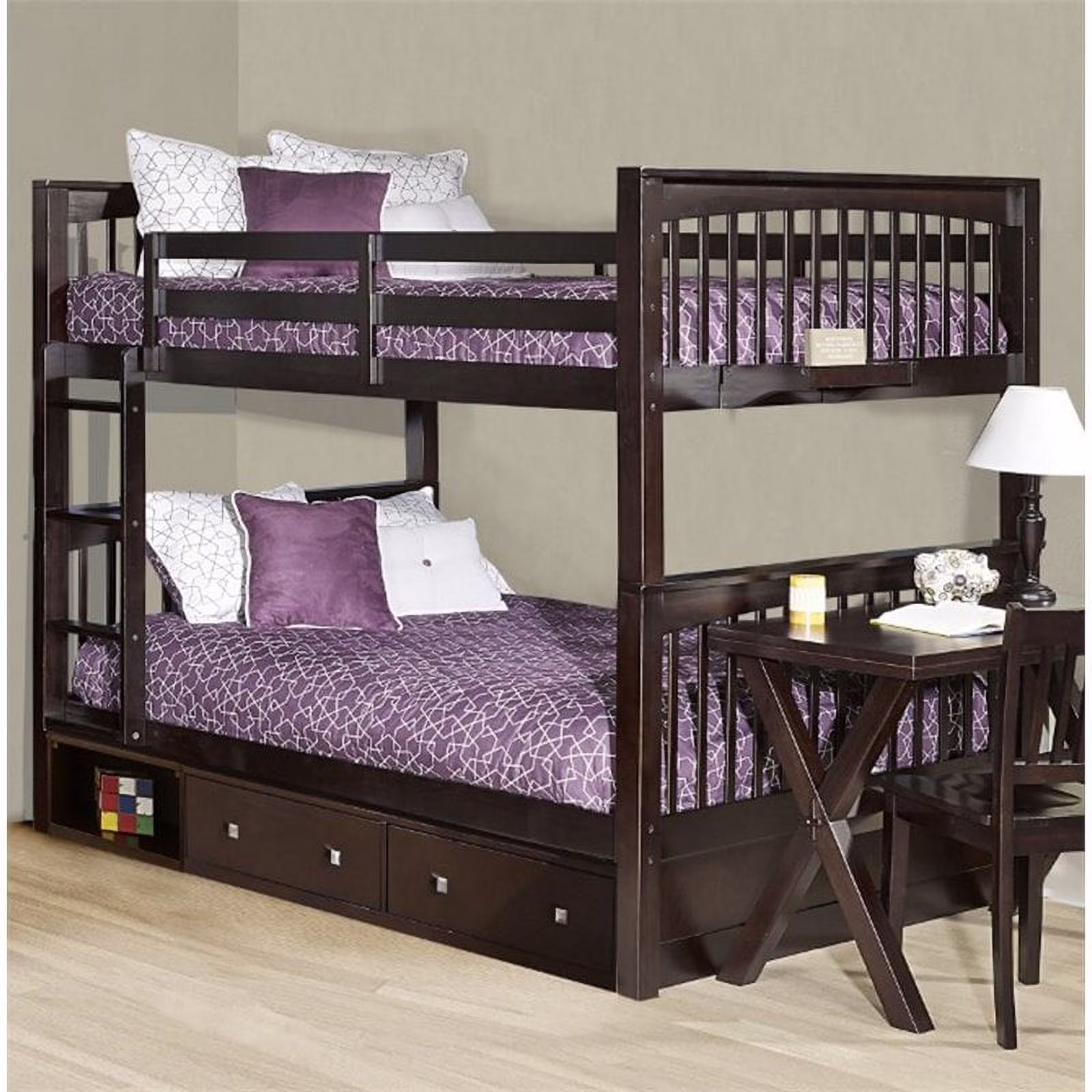 Pemberly Row Modern Full Over Full Storage Slat Bunk Bed in Chocolate