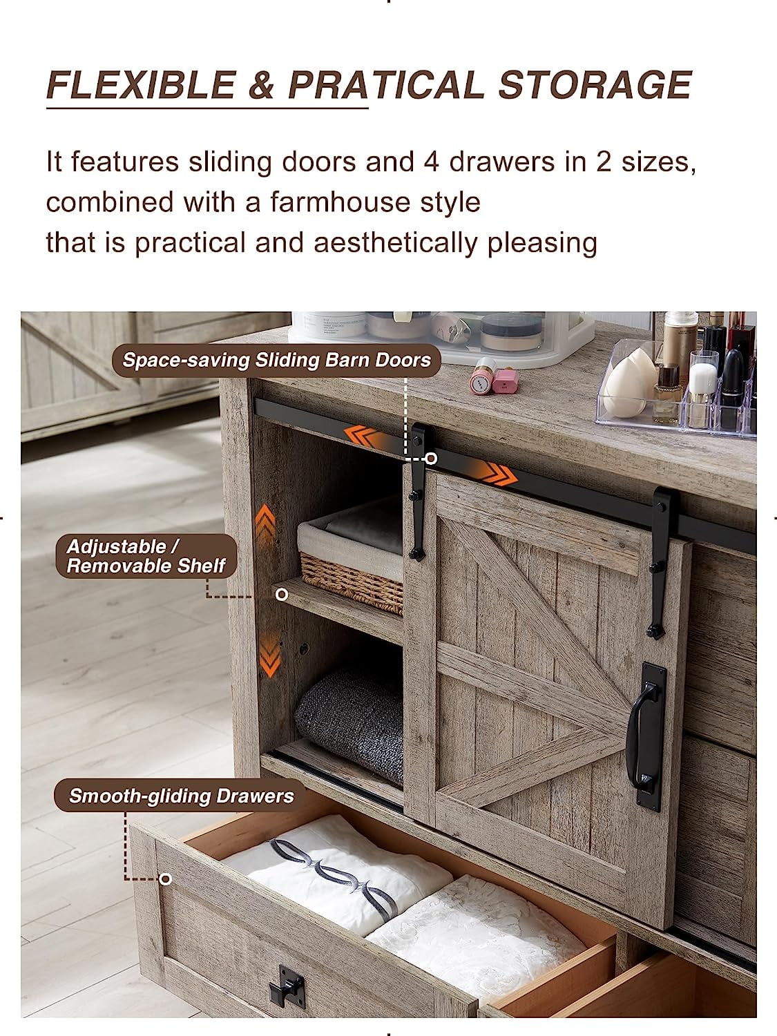 OKD Wood and Metal Dresser Chest, Farmhouse Chest Organizer with 4 Drawers and Storage Shelves for Bedroom, Light Rustic Oak