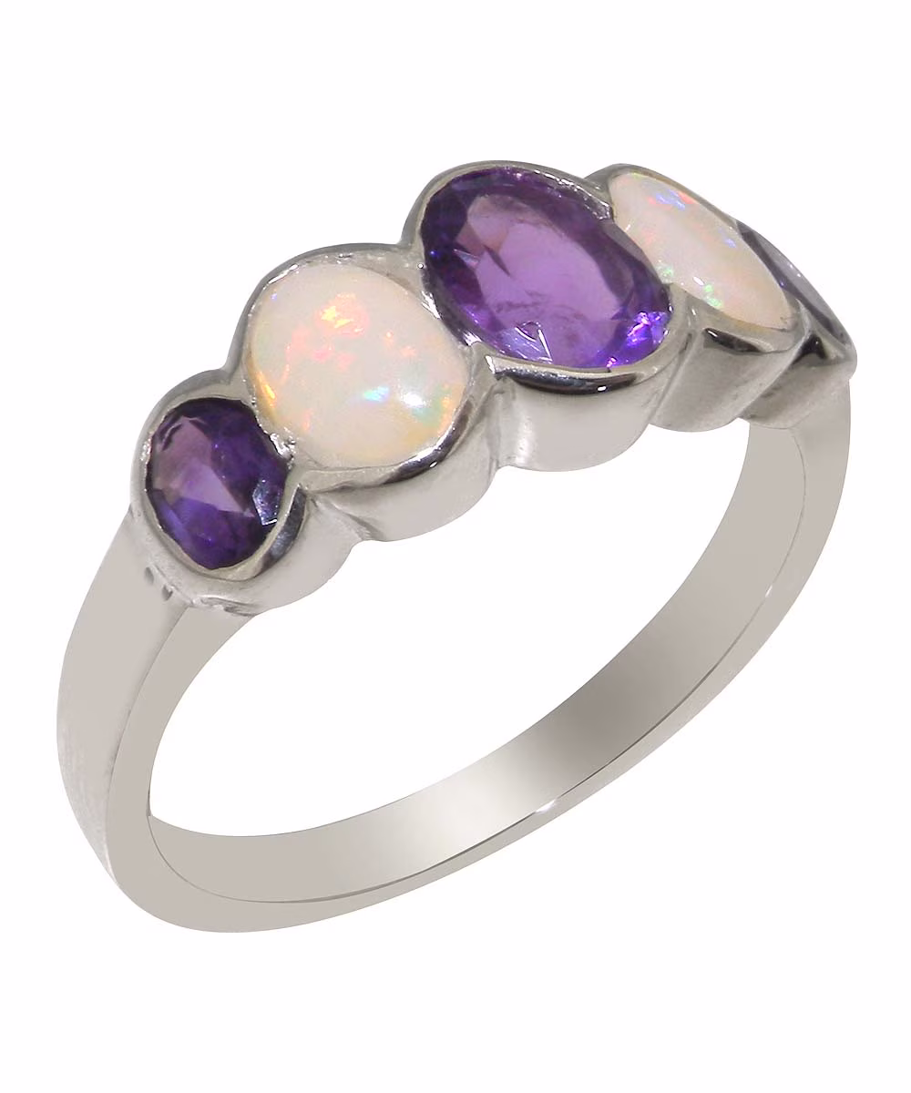 LBG British Made 18k White Gold Natural Amethyst & Opal Womens Band Ring - 33 size options - Size 10