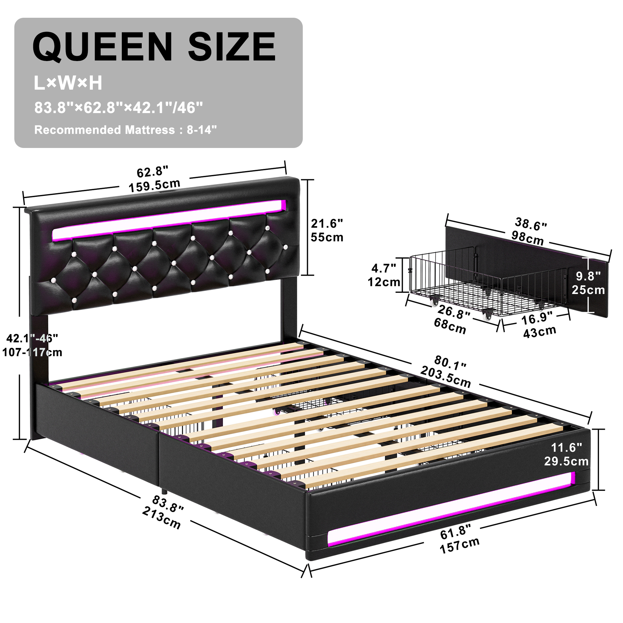 LIKIMIO Queen Bed Frame with LED Light,PU Leather Platform Bed,Charging Station, 4 Storage Drawers,Adjustable Crystal Button Tufted Headboard, No Box Spring Needed, Black