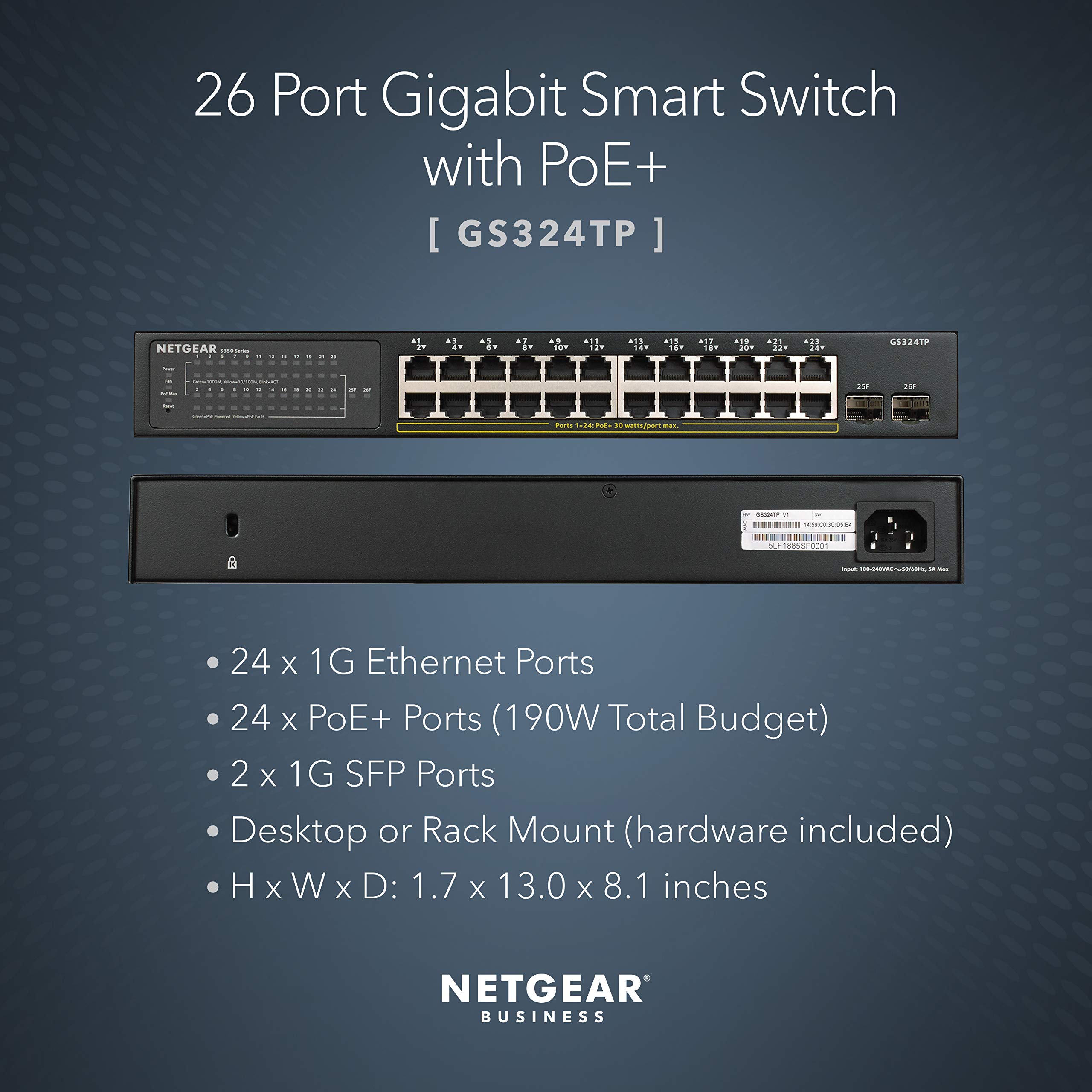 NETGEAR 26-Port PoE Gigabit Ethernet Smart Switch (GS324TP) - Managed, with 24 x PoE+ @ 190W, 2 x 1G SFP, Desktop or Rackmount, S350 series