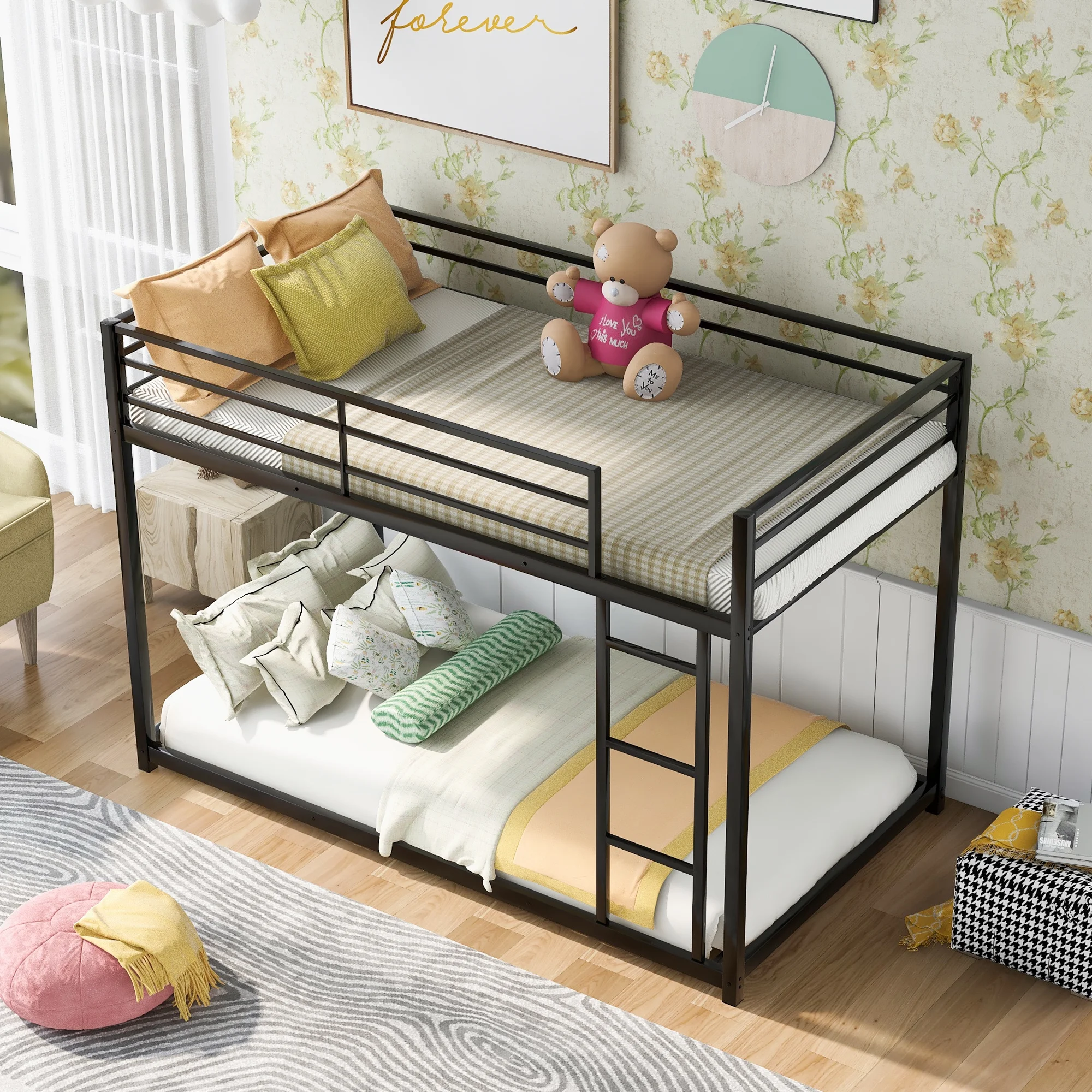 Nestfair Black Twin over Twin Metal Bunk Bed with Ladder