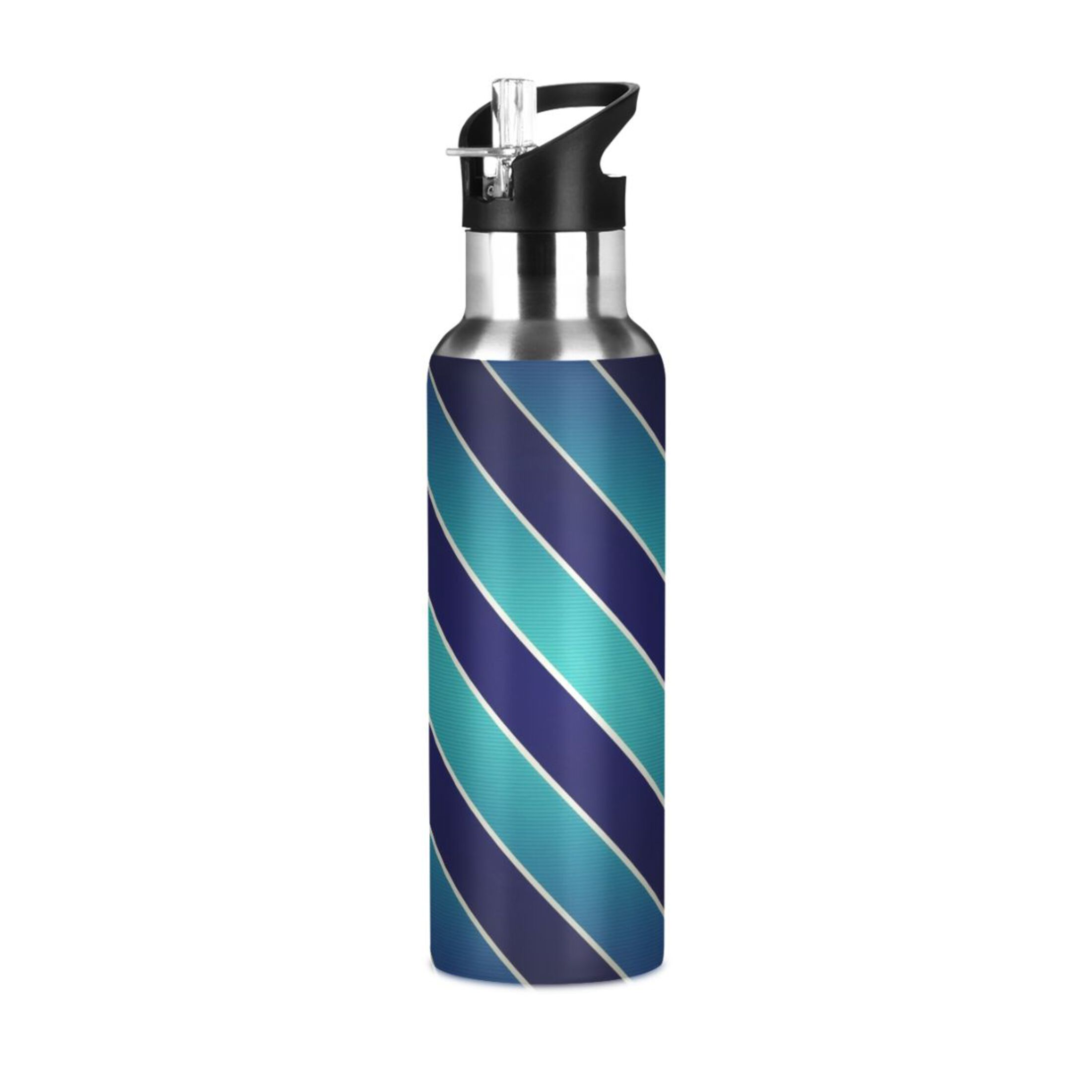 Stainless Steel Water Bottle Blue Stripes with Straw Lid Vacuum Insulated Leak Proof Flask Jug for Gym Travel Sports Cycling Outdoor 20 OZ