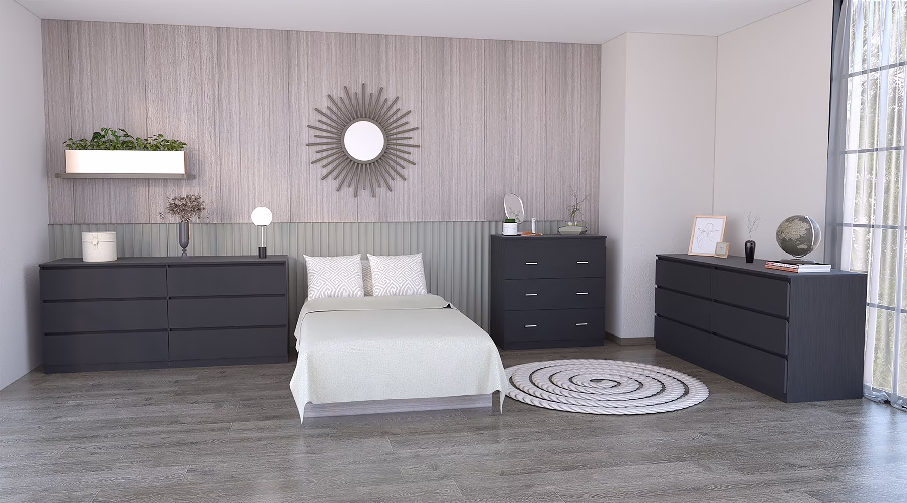 CoSoTower 3 Piece Bedroom Set, 2 Cocora 6 Drawer Double Dressers + Capri Three Drawer Dresser, Black