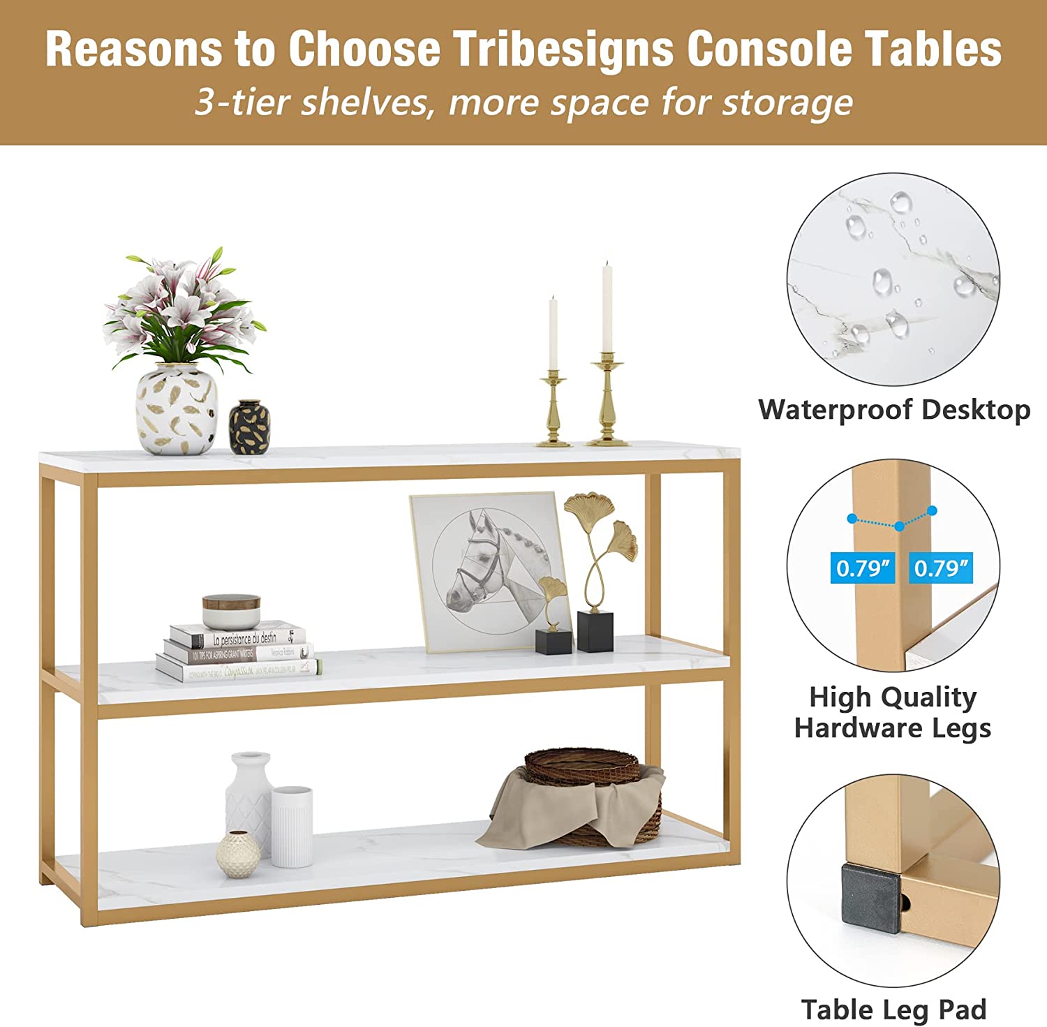 Tribesigns 3 Tier Console Table, Entryway  Hallway Table with Faux Marble Top and Metal Frame, Grey White & Gold