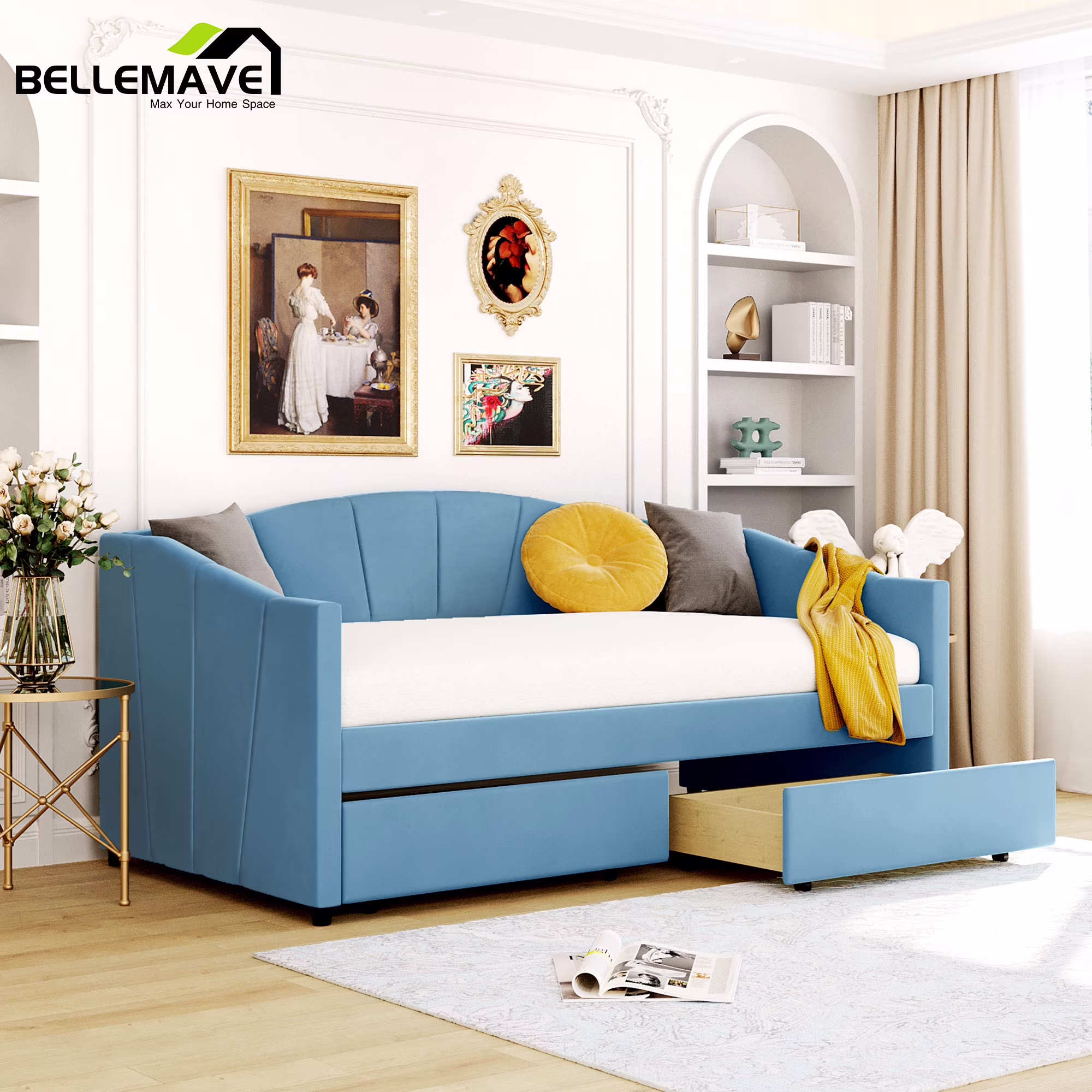 Bellemave Blue Twin Size Velvet Upholstered Daybed with 2 Drawers for Kids, Teens, Adults, Modern Wood Sofa Bed Twin Size for Living Room Bedroom