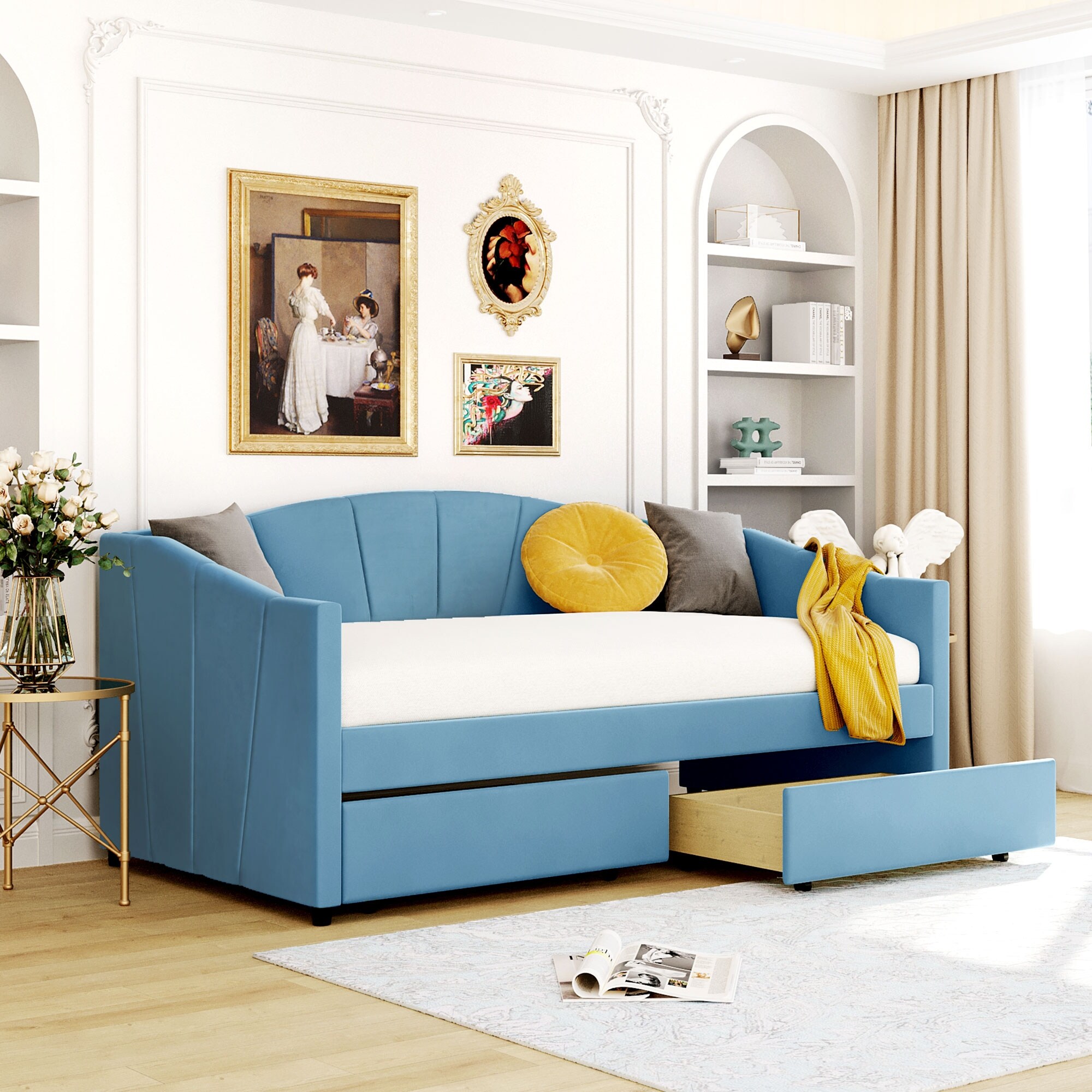 Nestfair  Upholstered daybed Twin Size with Two Drawers and Wood Slat Suppot Blue