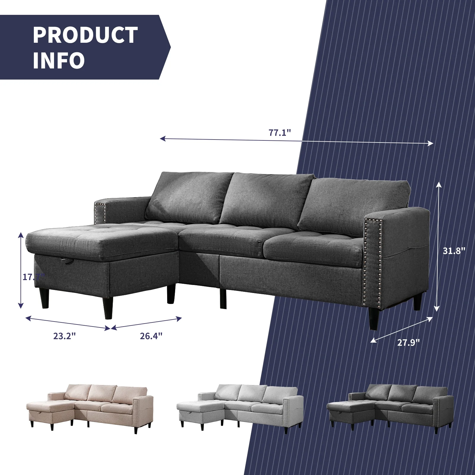 ZAFLY Reversible Sectional Couch, Set 3 Seat L Shaped Modular Sleeper Sofa Bed with Flexible Storage Ottoman Chaise, Modern Sofa Couches for Living Room/Apartment/Office - Dark Grey