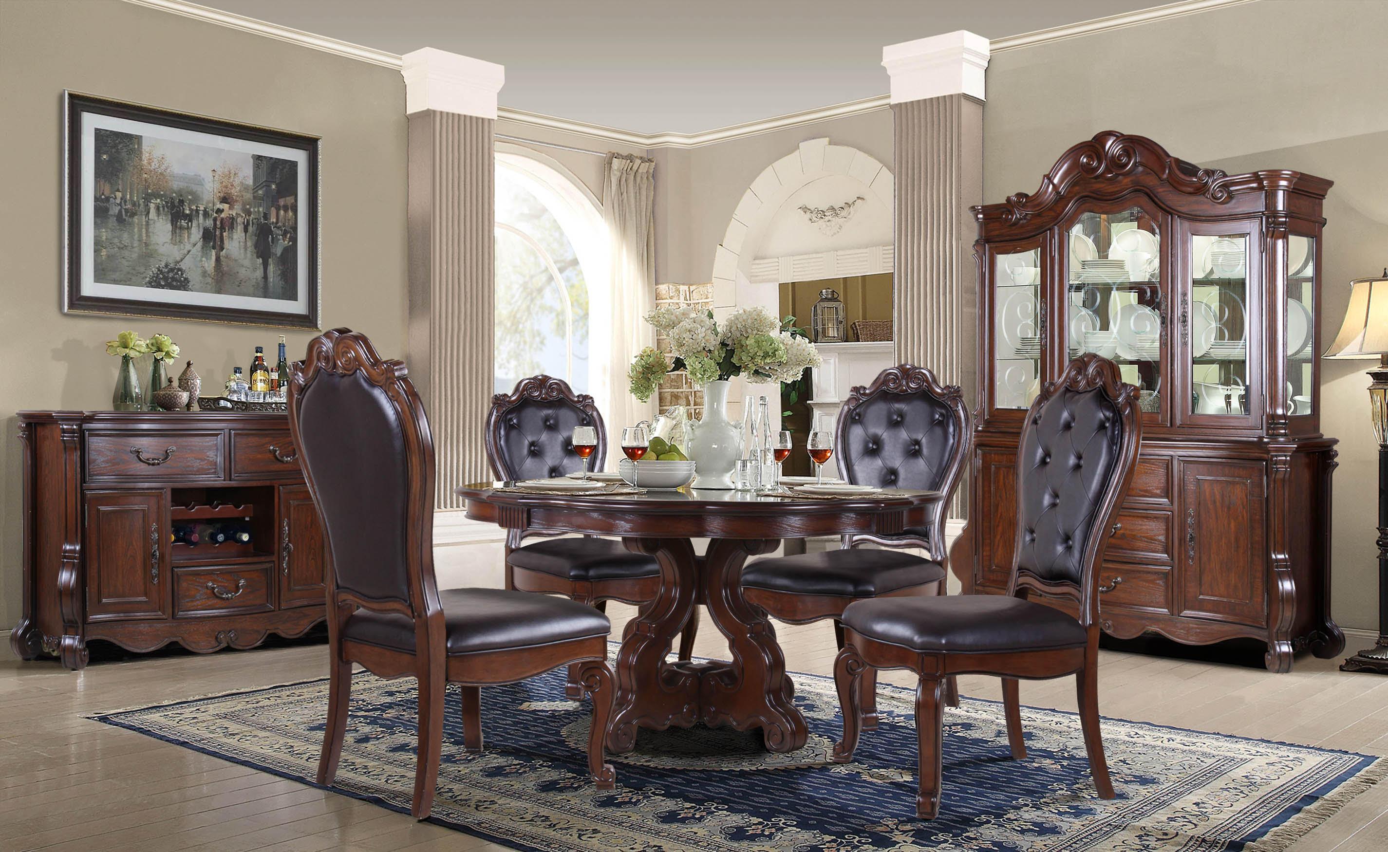 Traditional Cherry Finish Round Dining Room Set 7 Pcs w/China McFerran D527-6060