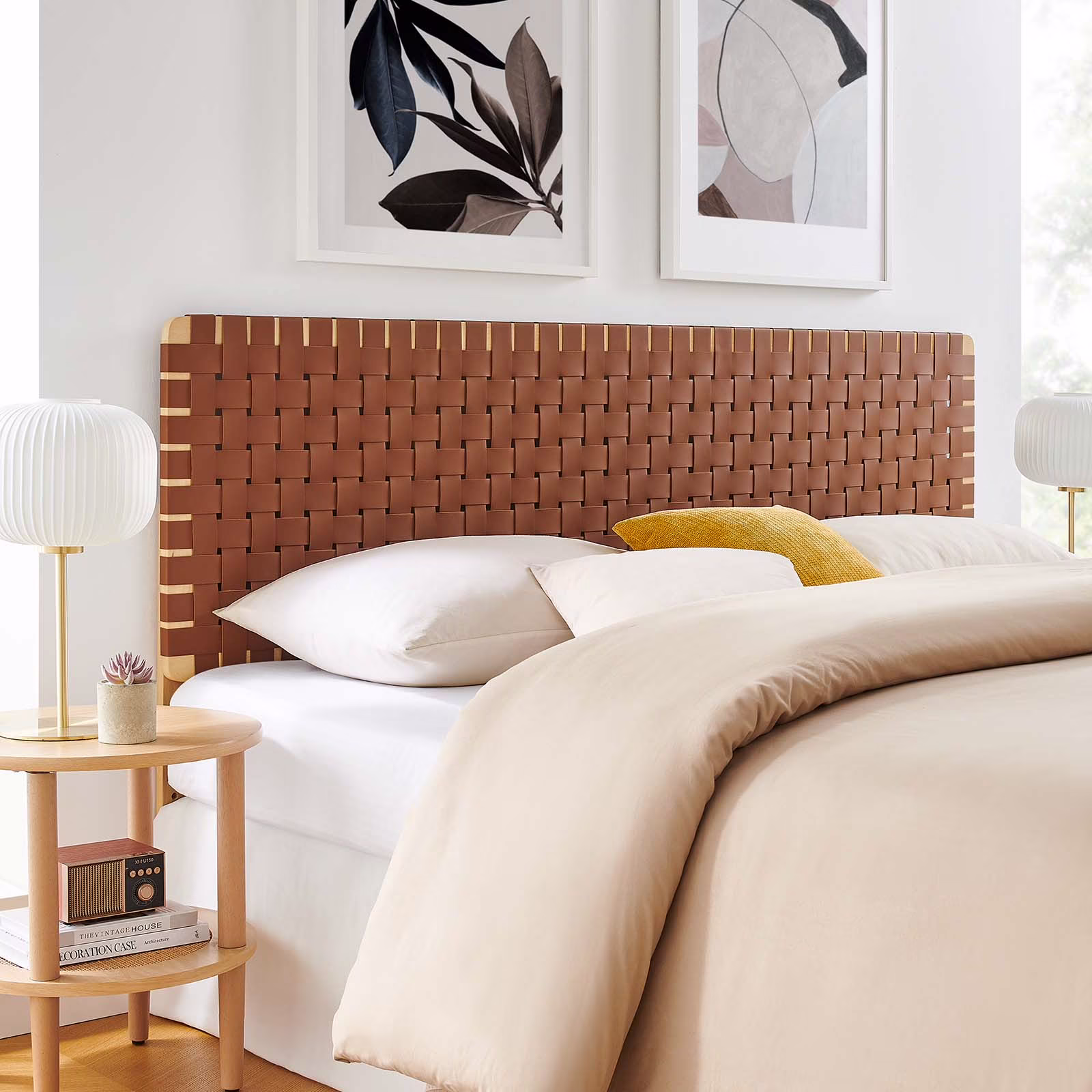 Modway Sparta Weave King Vegan Leather Headboard in Natural Brown