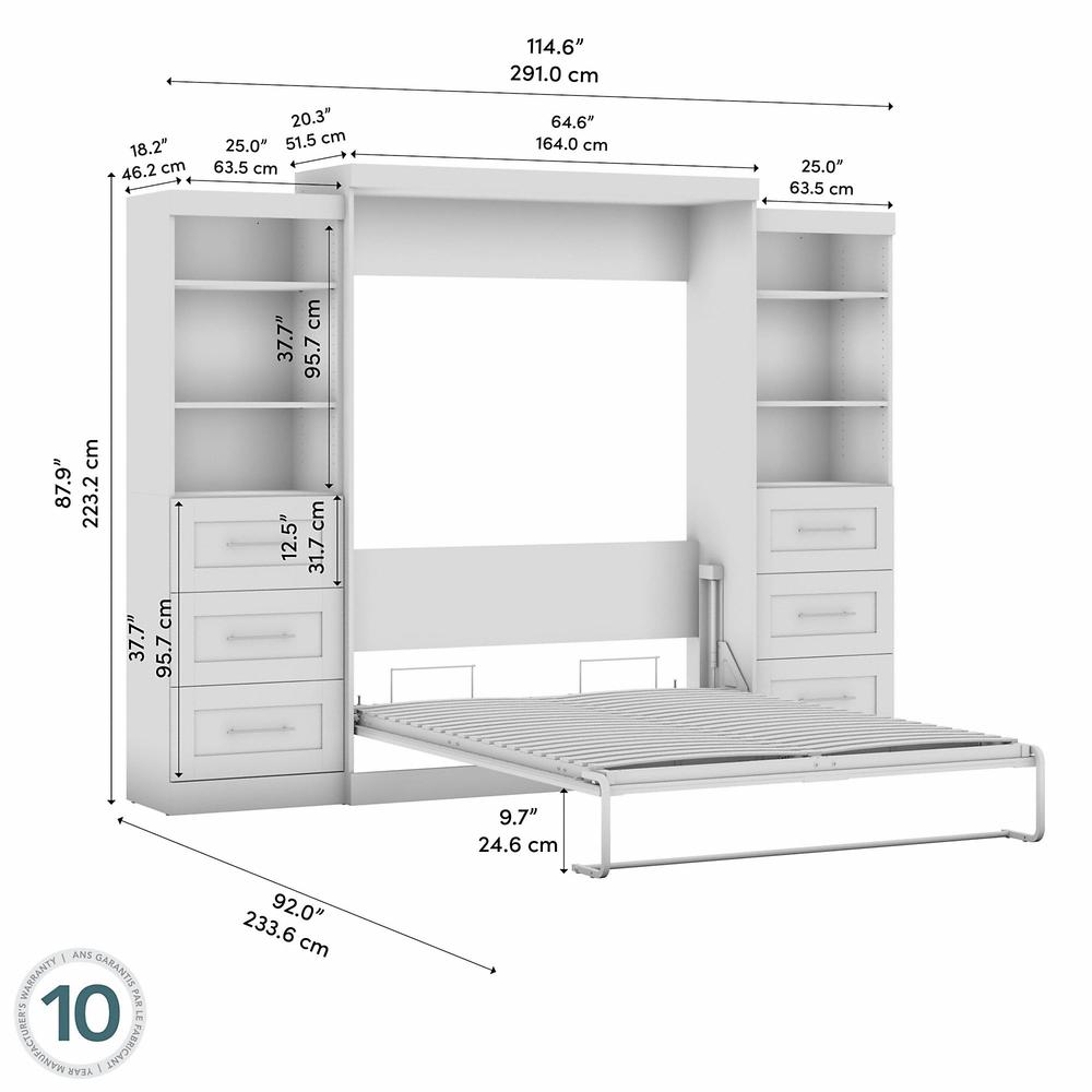 Bestar Pur Queen Murphy Bed and 2 Shelving Units with Drawers (115W) in Platinum Gray
