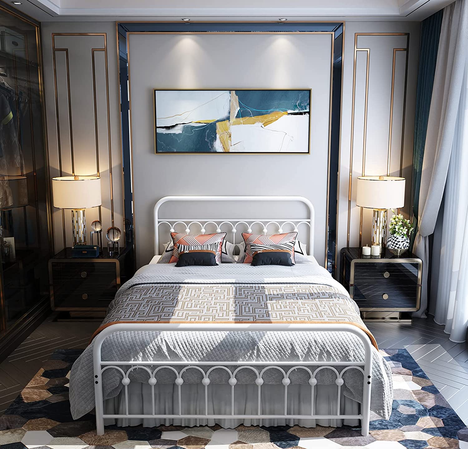 JIAH Vintage Sturdy Queen Size Metal Bed Frame Basic with Headboard and Footboard,No Box Spring Needed,Under Bed Storage (Queen,Black)