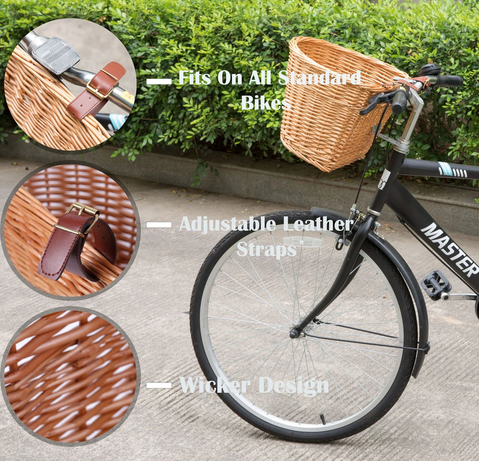 Wicker Front Bike Basket with Faux Leather Straps