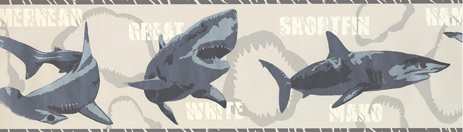 Concord Wallcoverings Wallpaper Border Featuring Various Sharks - Great White Mako Shortfin Hammerhead and Other Species, Colors Grey-Blue and Beige, Size 7 Inches by 15 Feet BT2719B