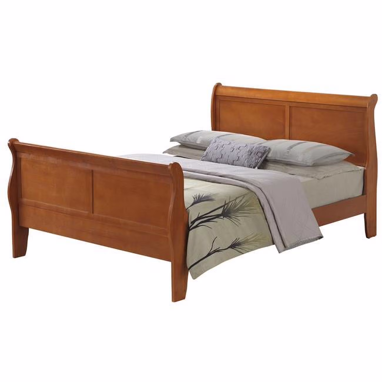 Passion Furniture  Louis Philippe Sleigh Wood Bed with High Footboard, Oak - King Size