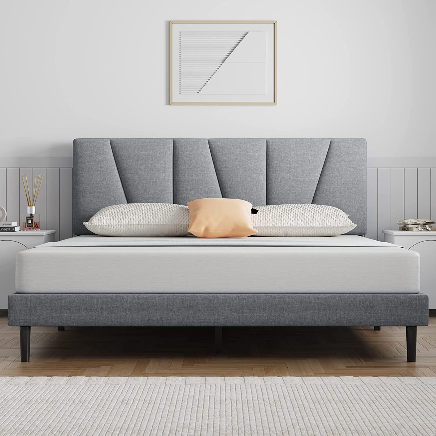 WAGEE Queen Bed Frame Upholstered Platform with Headboard and Strong Wooden Slats, Strong Weight Capacity, Non-Slip and Noise-Free,No Box Spring Needed, Easy Assembly,Light Gray