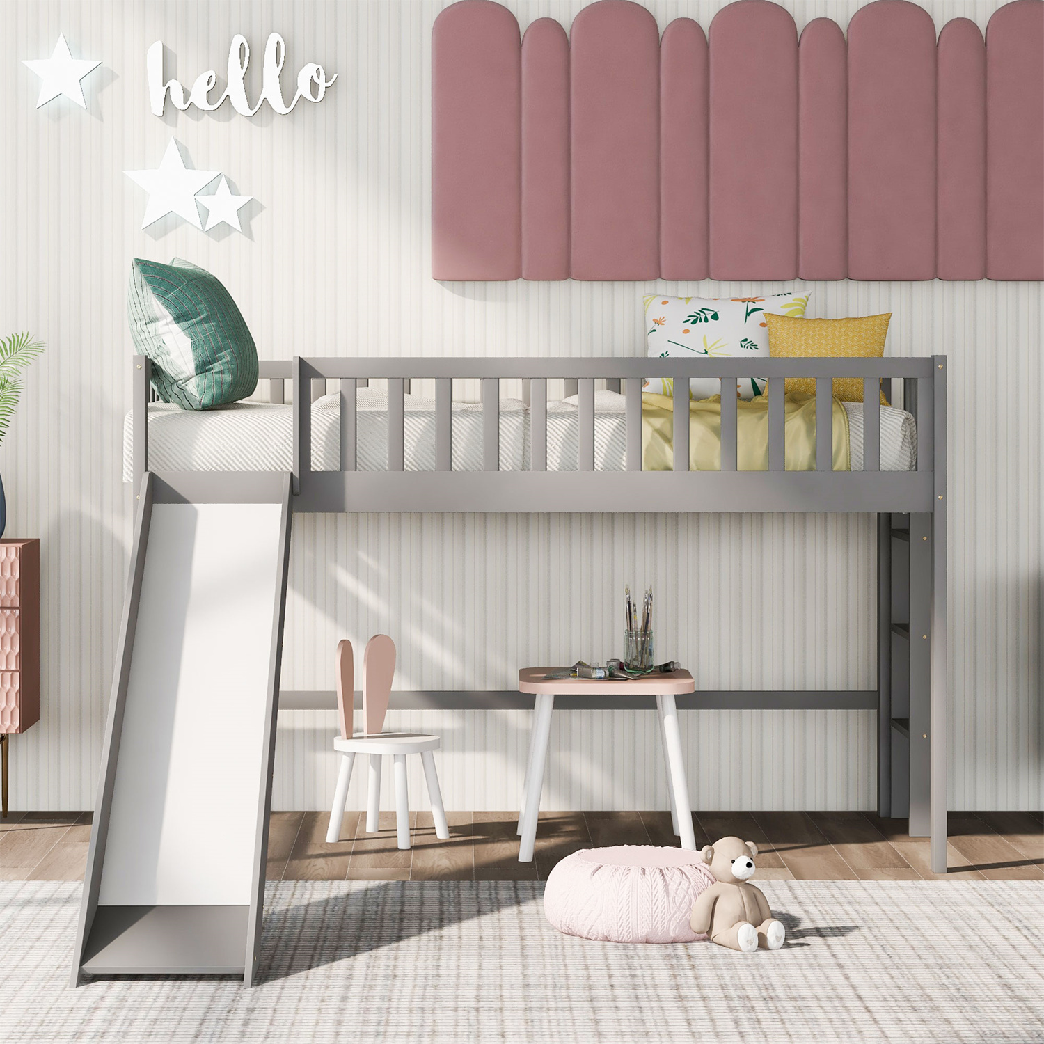Low Loft Bed, Twin Bed Frame for Kids With Slide, Gray