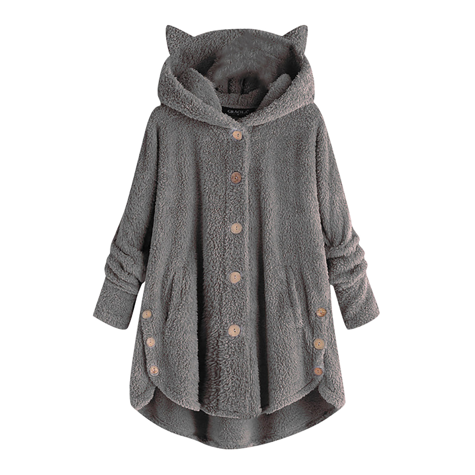 HHeiK Womens Button Hooded Cat Ears Plush Irregular Soild Pocket Coat