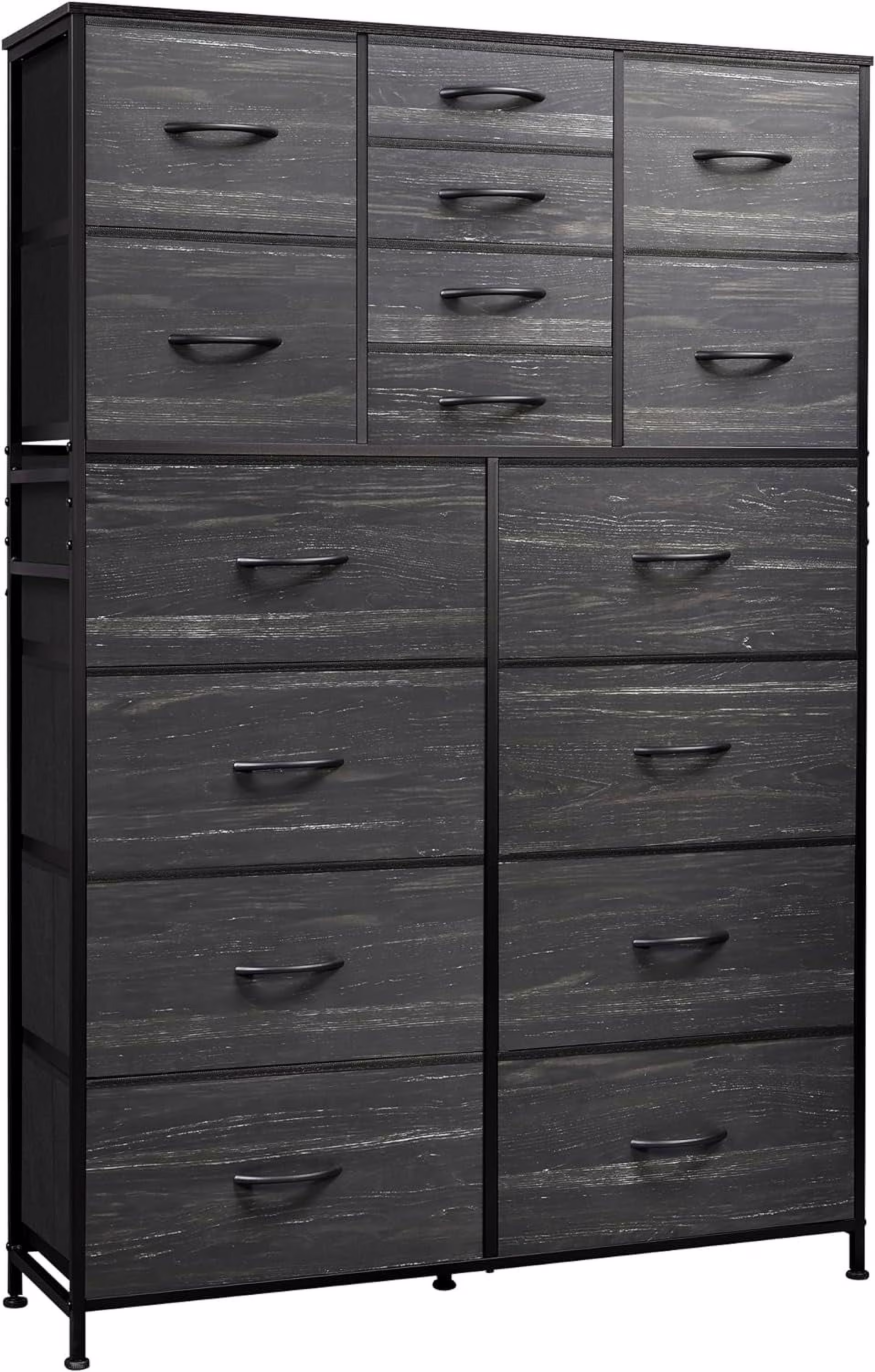 QCAI 16 Drawers Dresser, Tall Dresser for Bedroom, Closet, Hallway, Storage Dresser Organizer unit, Large Dressers & Chests of Drawers with Fabric Bins, Charcoal Black Wood Grain Print