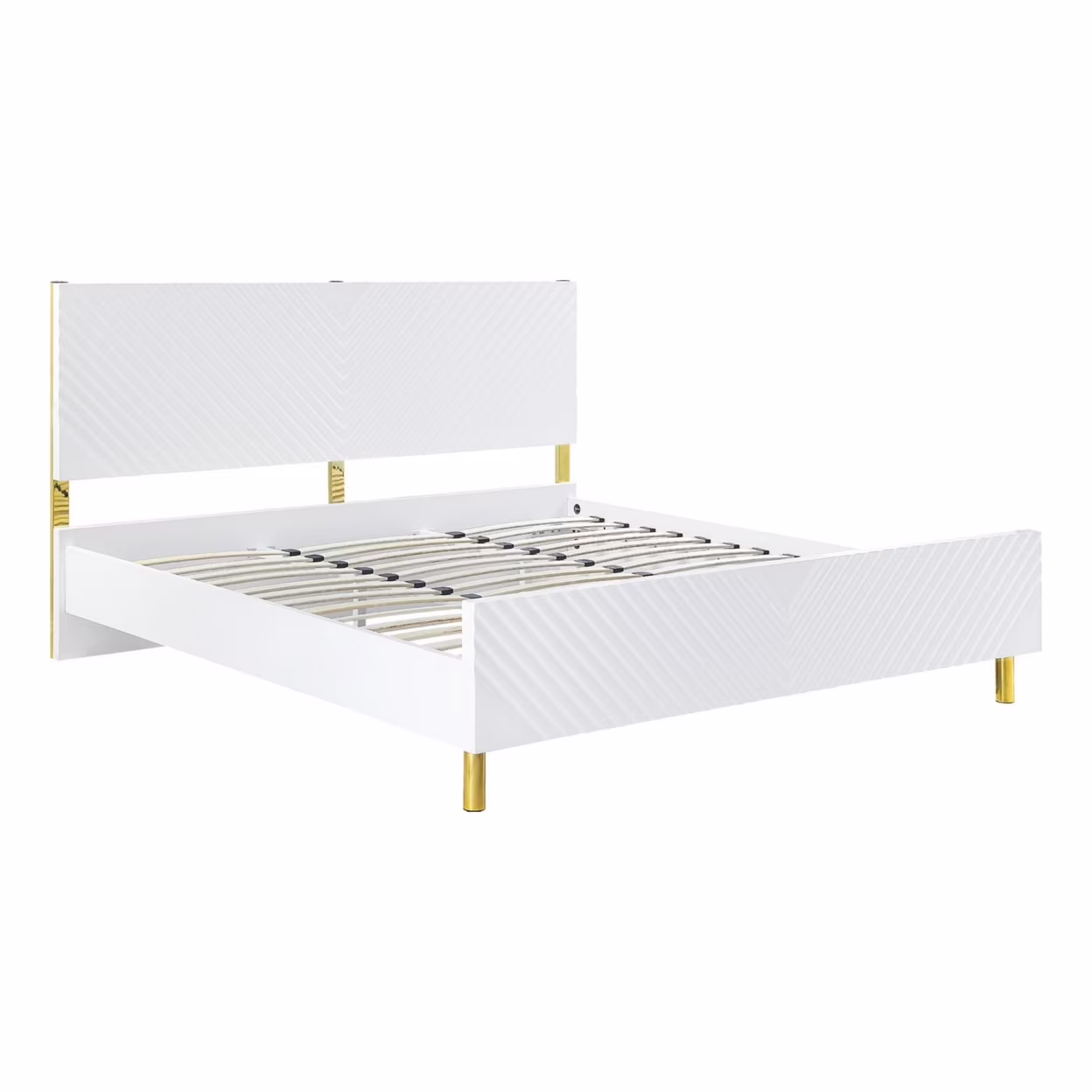 Tyra Modern Wood King Bed, Panel Headboard, Textured Chevron, White, Gold- Saltoro Sherpi