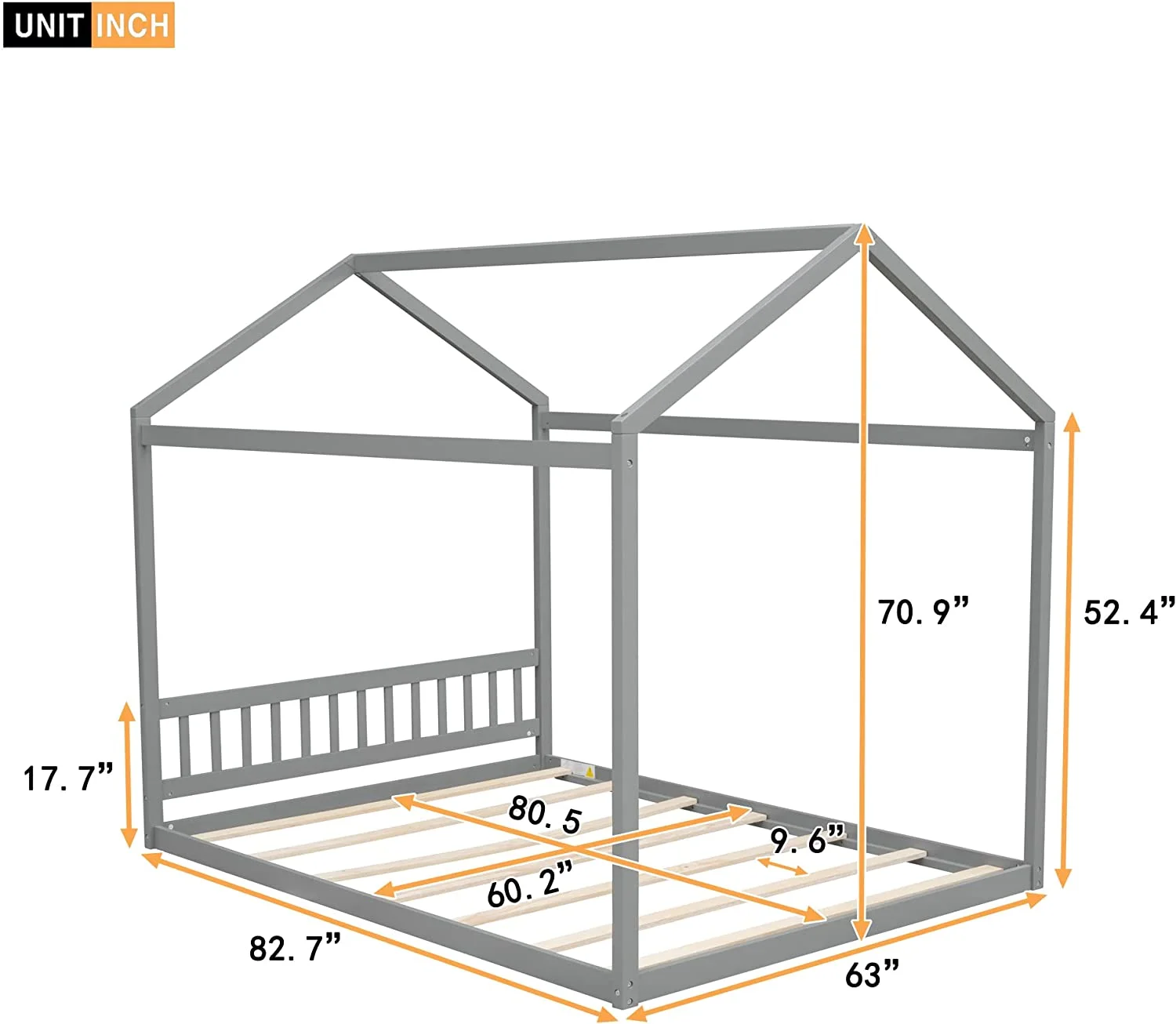 Queen Size House Bed For Kids, Wood Montessori Floor Bed With Headboard, Roof And Support Slats, Queen Floor Bed Frame For Toddler,Kids,Boys Girls, No Box Spring Needed (Gray)