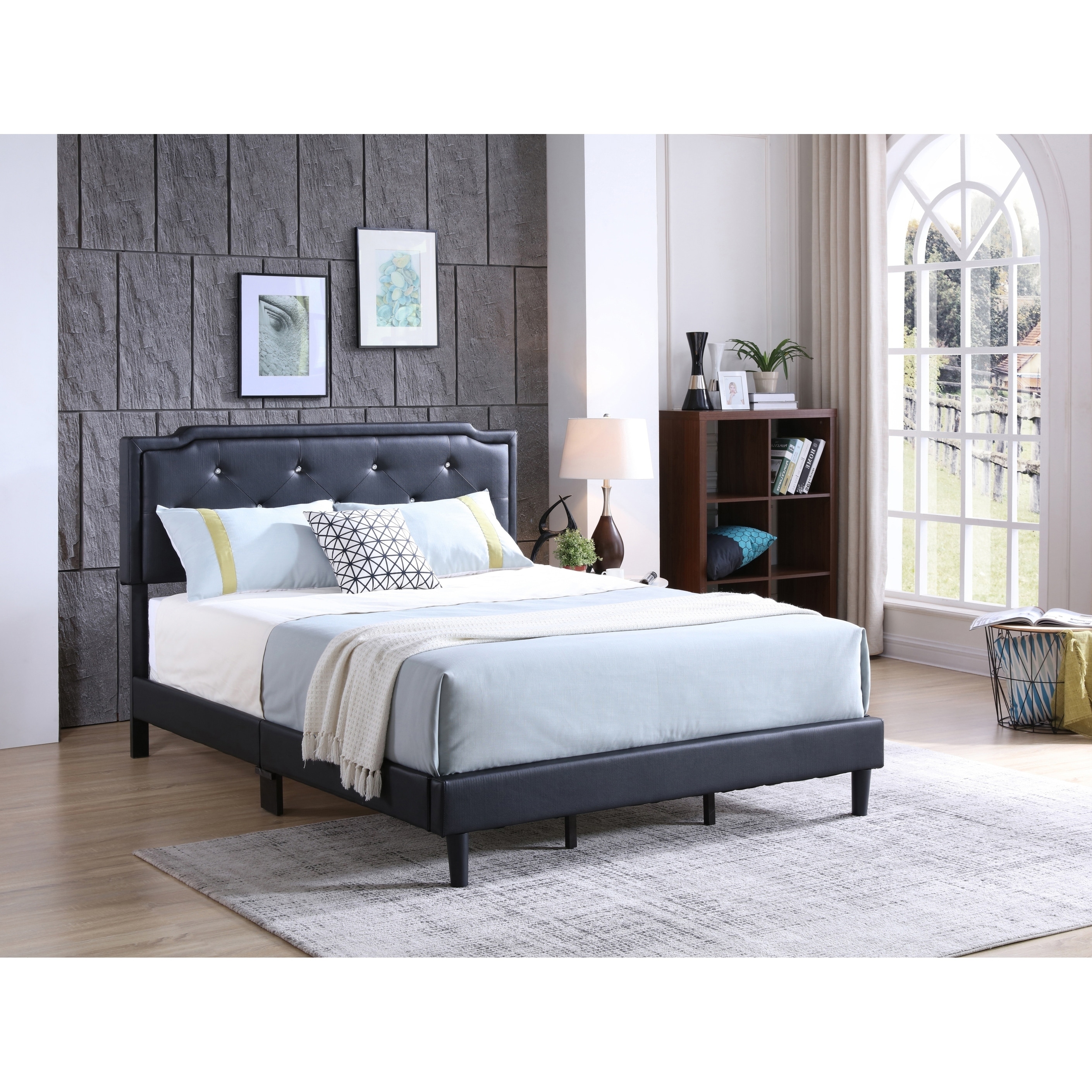LYKE Home Micheal Black Faux Leather Jewel Tufted Bed
