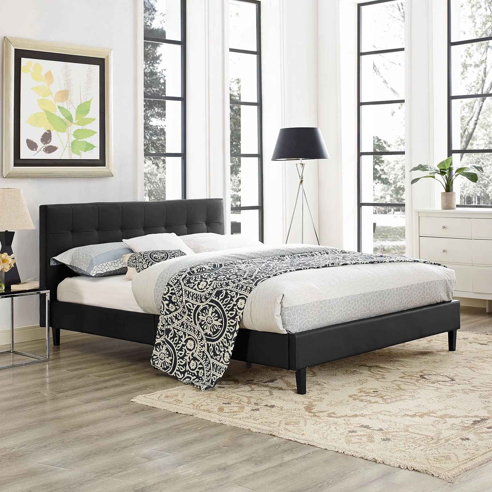 Modern Contemporary Urban Design Bedroom Queen Size Platform Bed Frame, Black, Faux Leather Wood