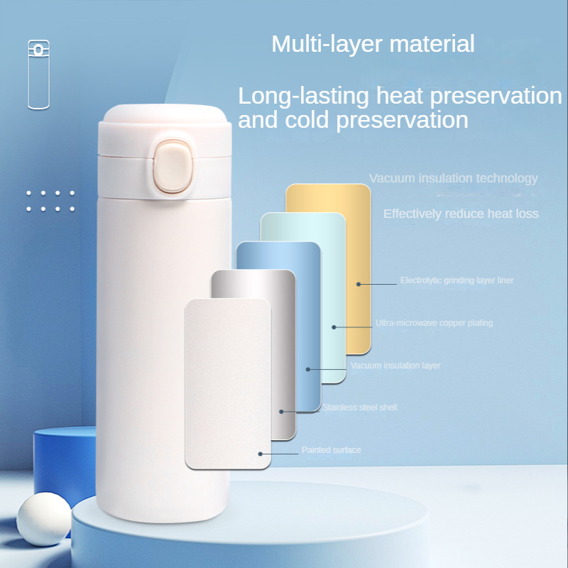 Stainless Steel Water Bottle 14oz White Straight Thin Kids Cup Straw Cup with Pop black lid